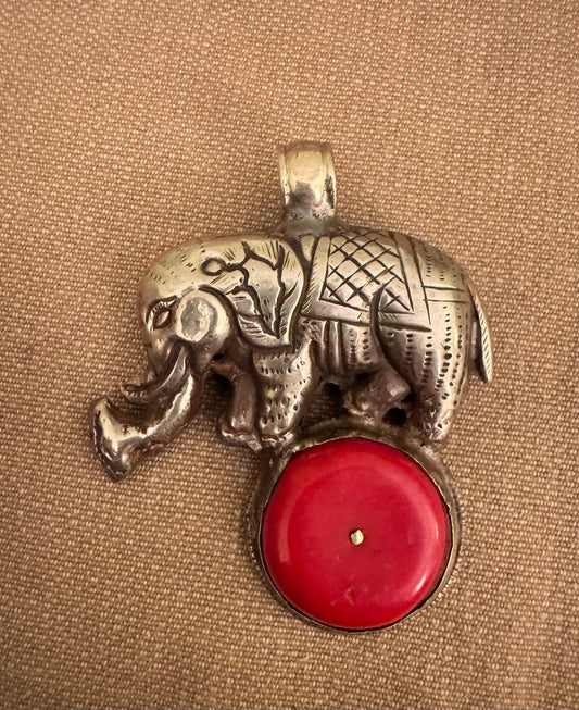 Vintage Tibetan Coral and Silver Elephant Pendant 2