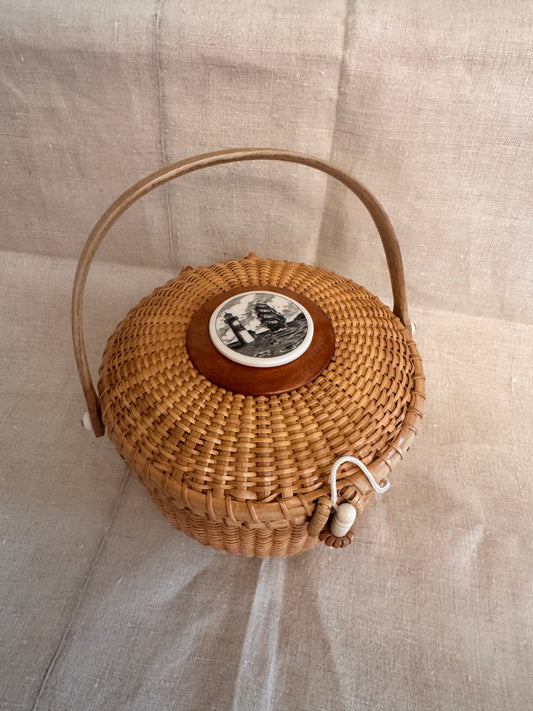 Medium Round Basket with Reproduction Scrimshaw Lighthouse and Schooner