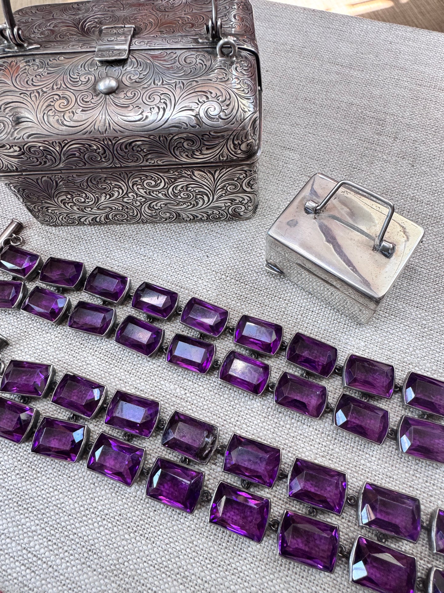 Two Deco Amethyst Glass and Sterling Bracelets