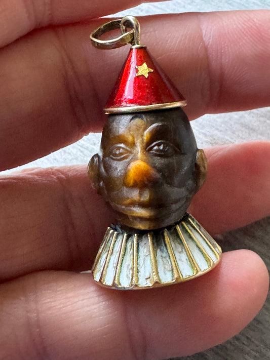 Carved Tiger Eye Clown with 18k Hat and Ruff