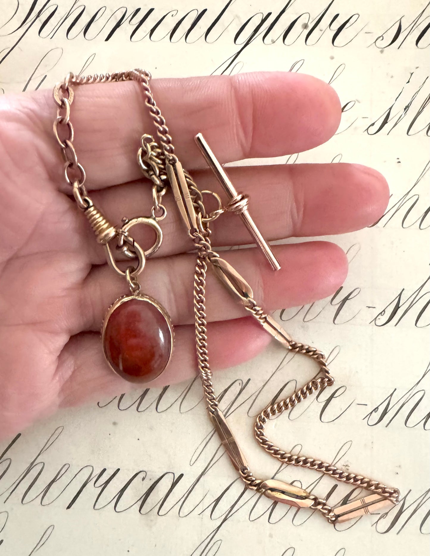 Beautiful French Deco Gold Filled Watch Chain with Moss Agate Fob