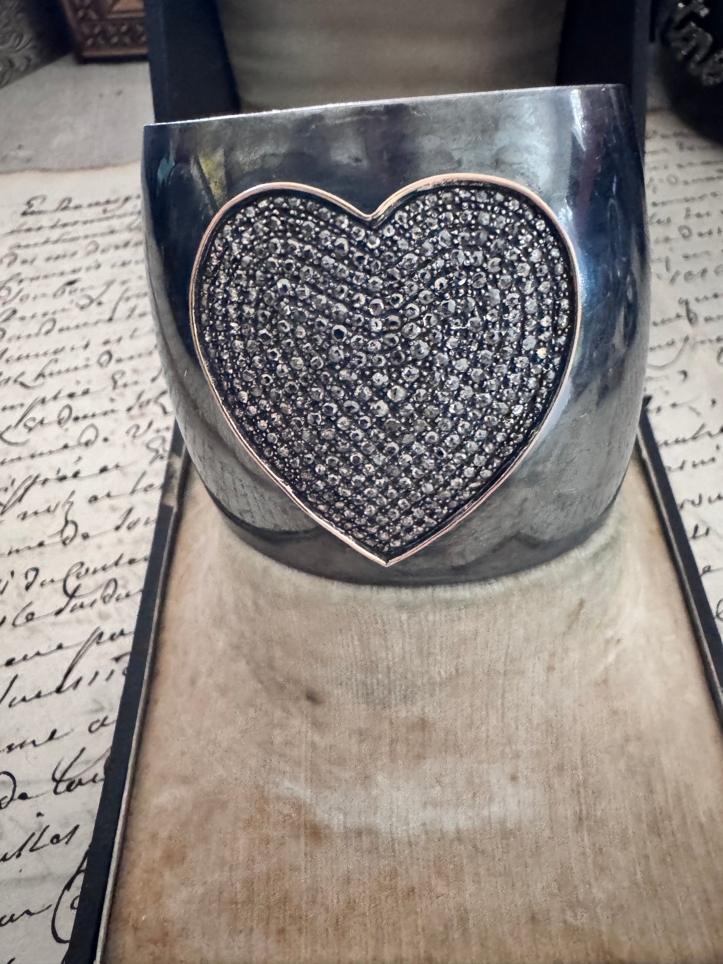 JKC Pave Diamond Heart with Gold Bezel on Oxidized Sterling Cuff