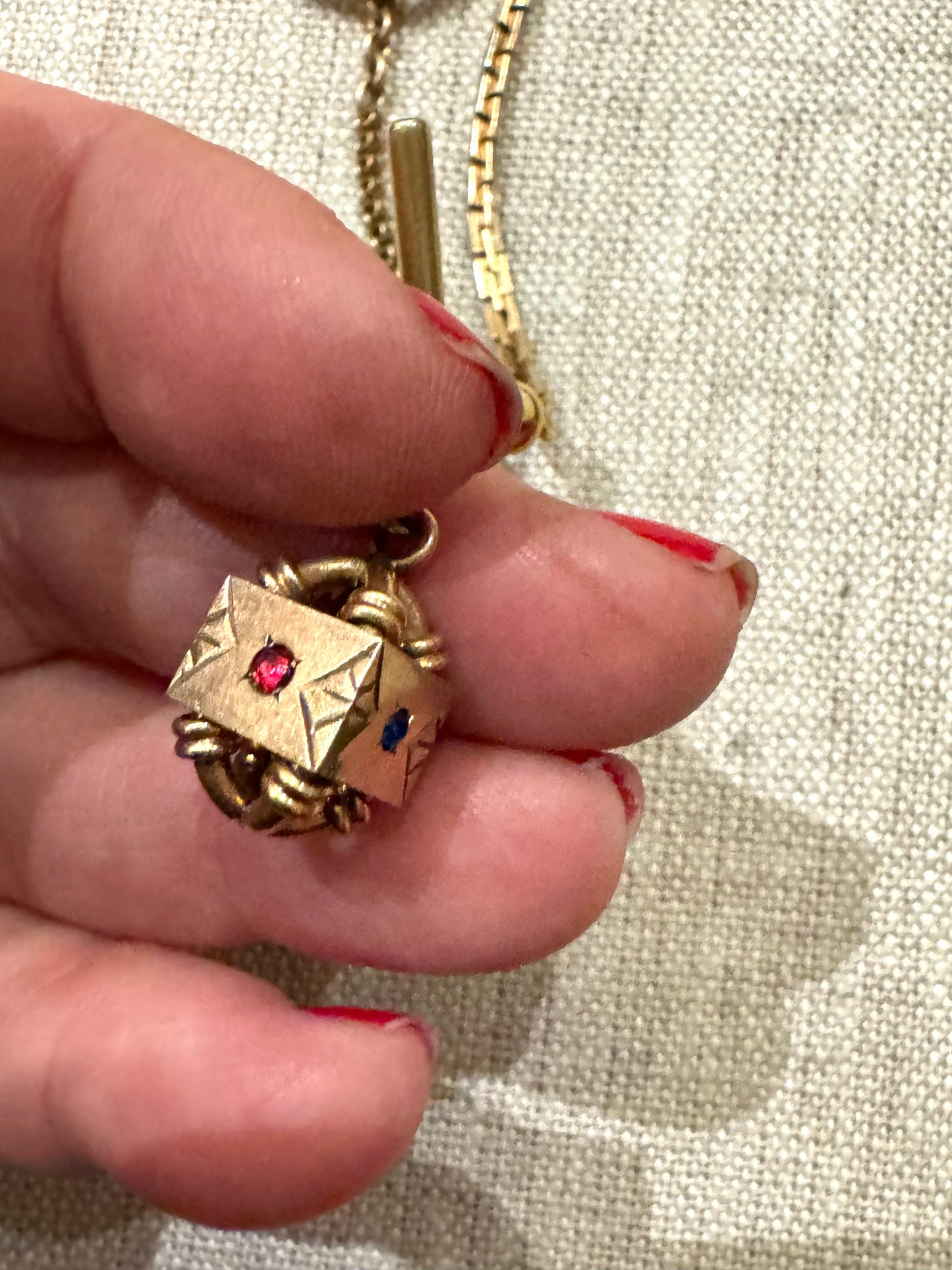 Antique Gold Filled Box Chain Watch Chain with Bauble