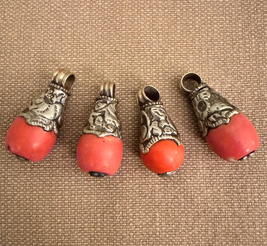Set of 4 Vintage Tibetan Silver and Coral Drop Pendants