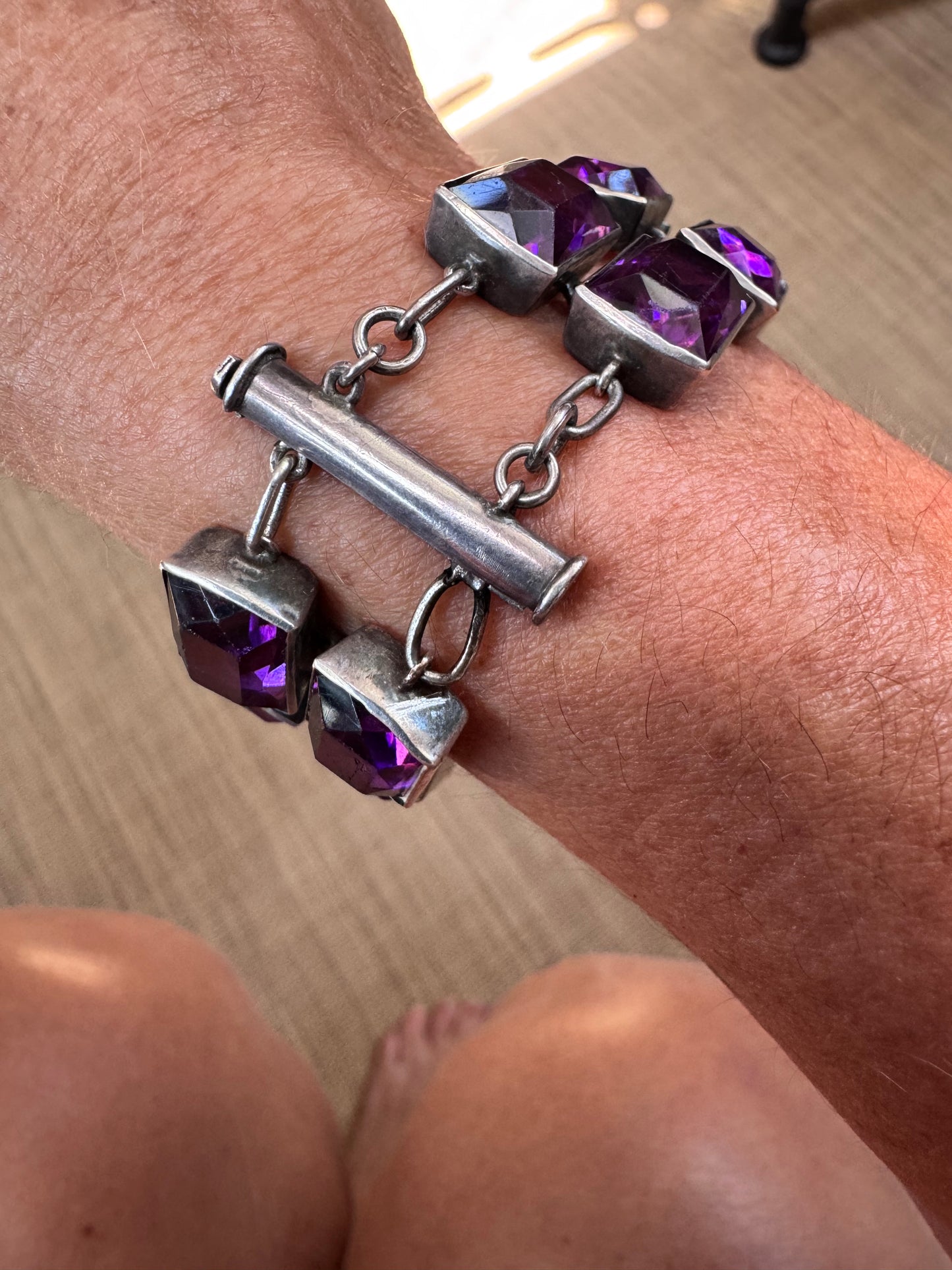 Two Deco Amethyst Glass and Sterling Bracelets