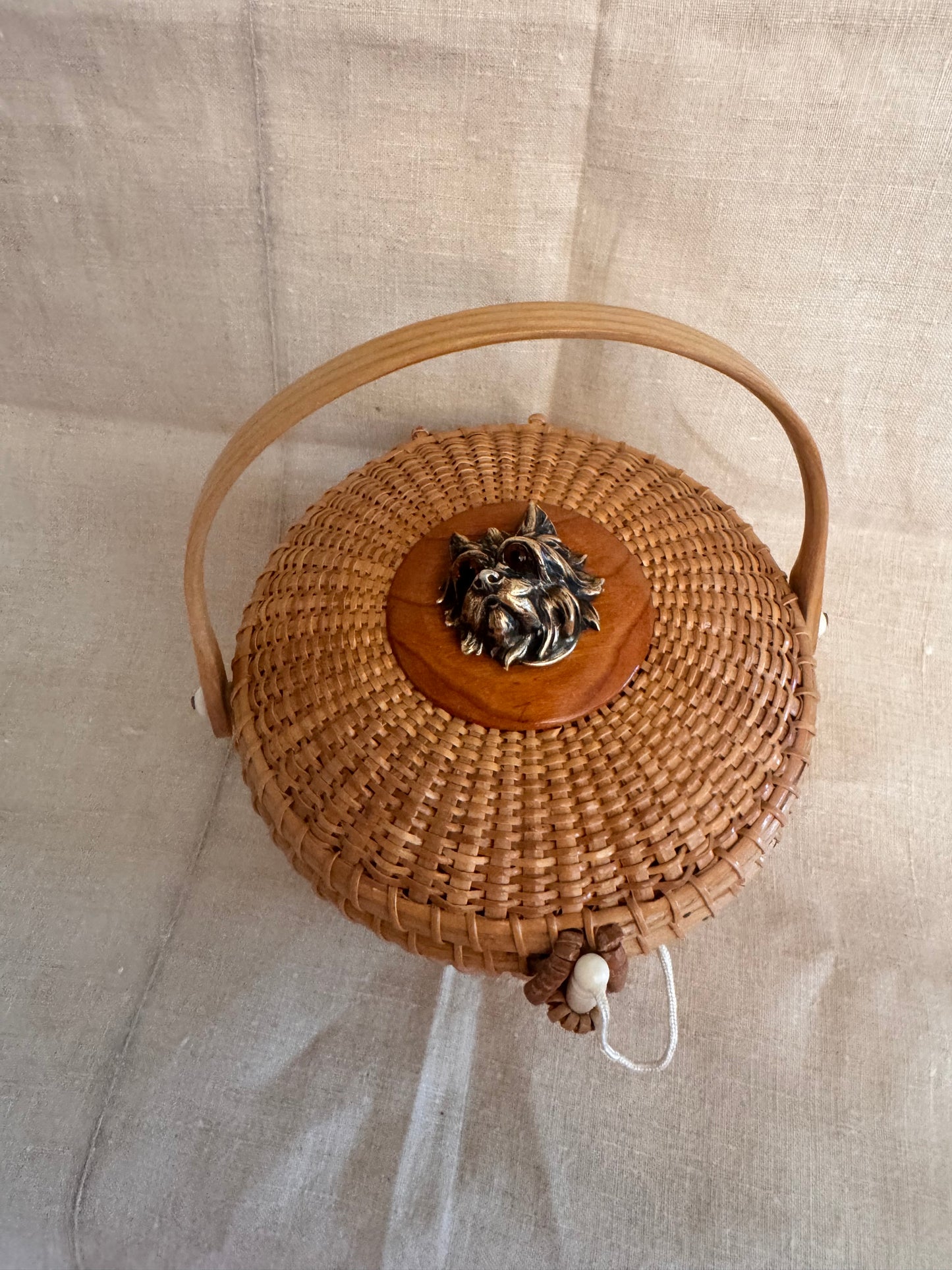Medium Round Basket with Rare Victorian Plated Brass Terrier with Glass Eyes