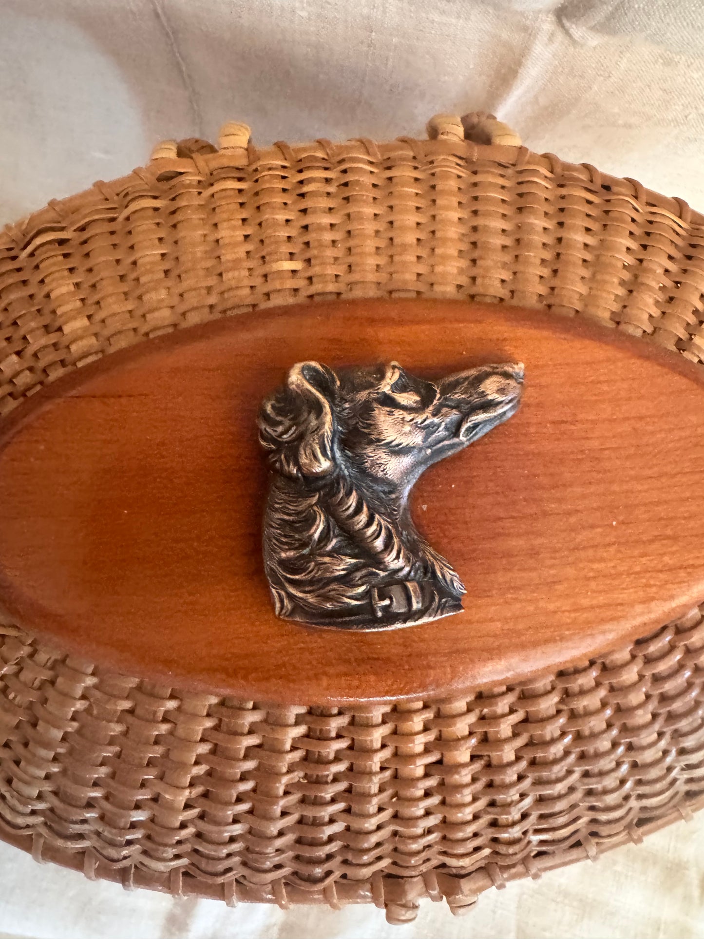 Large Oval Nantucket Basket with Copper Victorian Dog Head