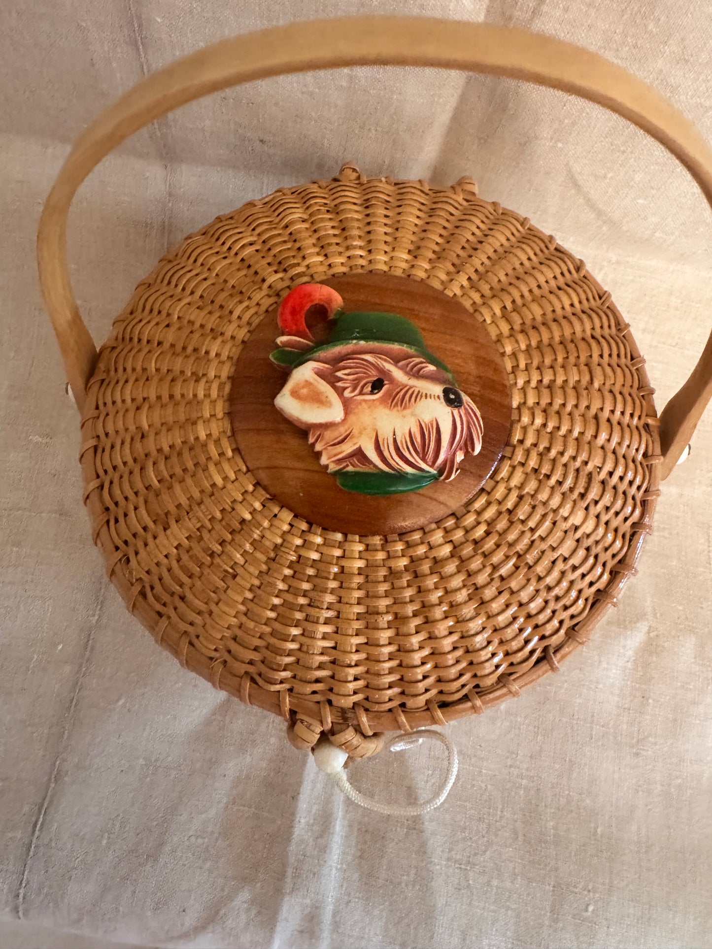 Medium Round Basket with Rare Celluloid Scotty Wearing a Jaunty Hat