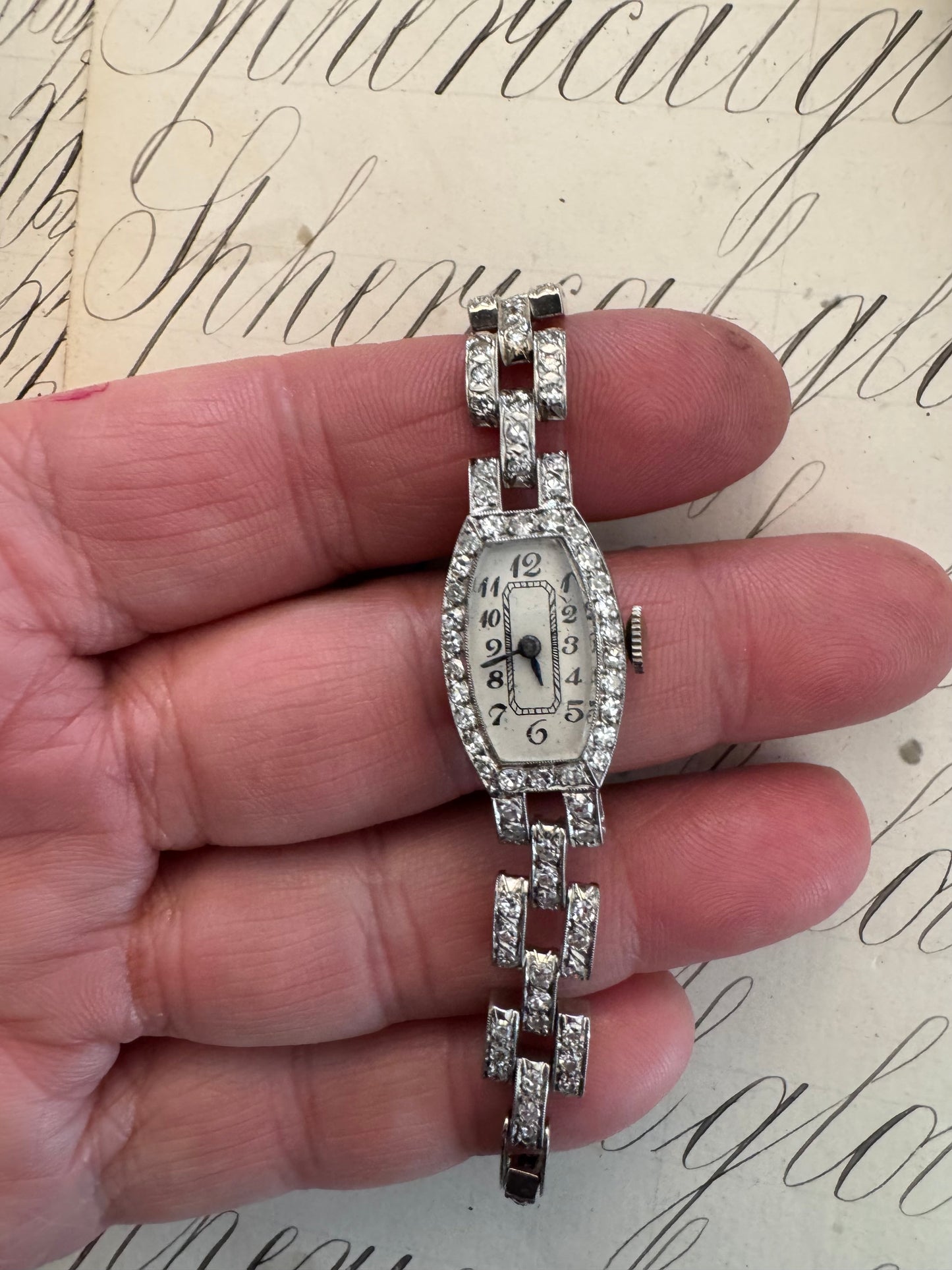 Exquisite art deco diamond and 14K white gold watch