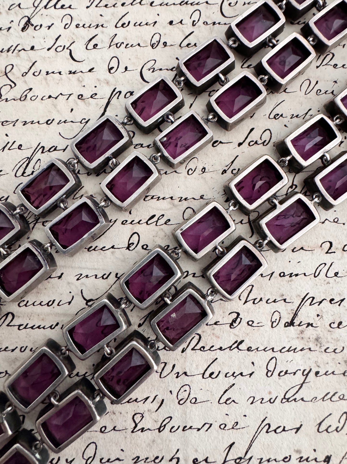 Two Deco Amethyst Glass and Sterling Bracelets