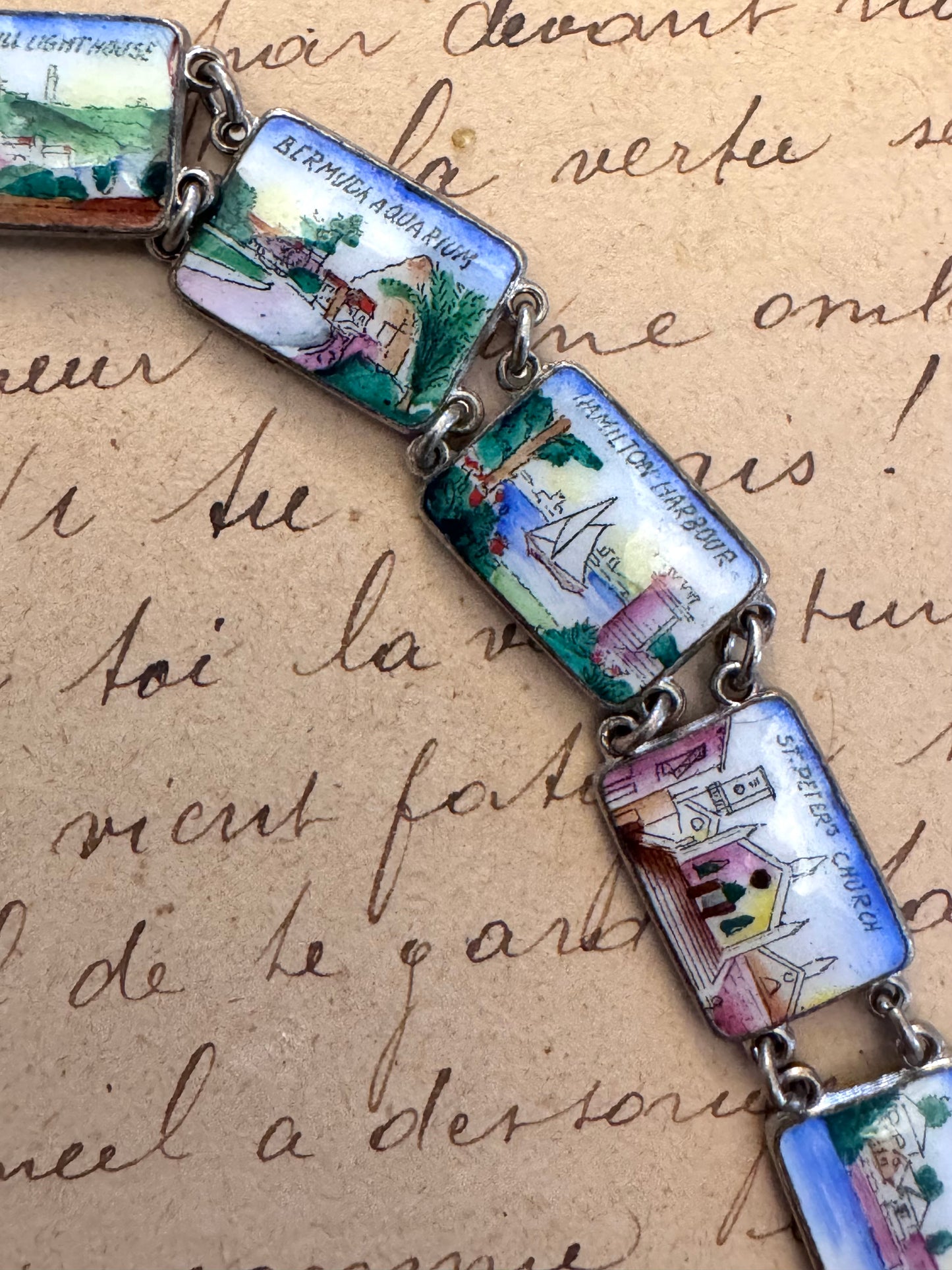 Vintage Silver and Hand Painted Enamel Bermuda Scenes Bracelet