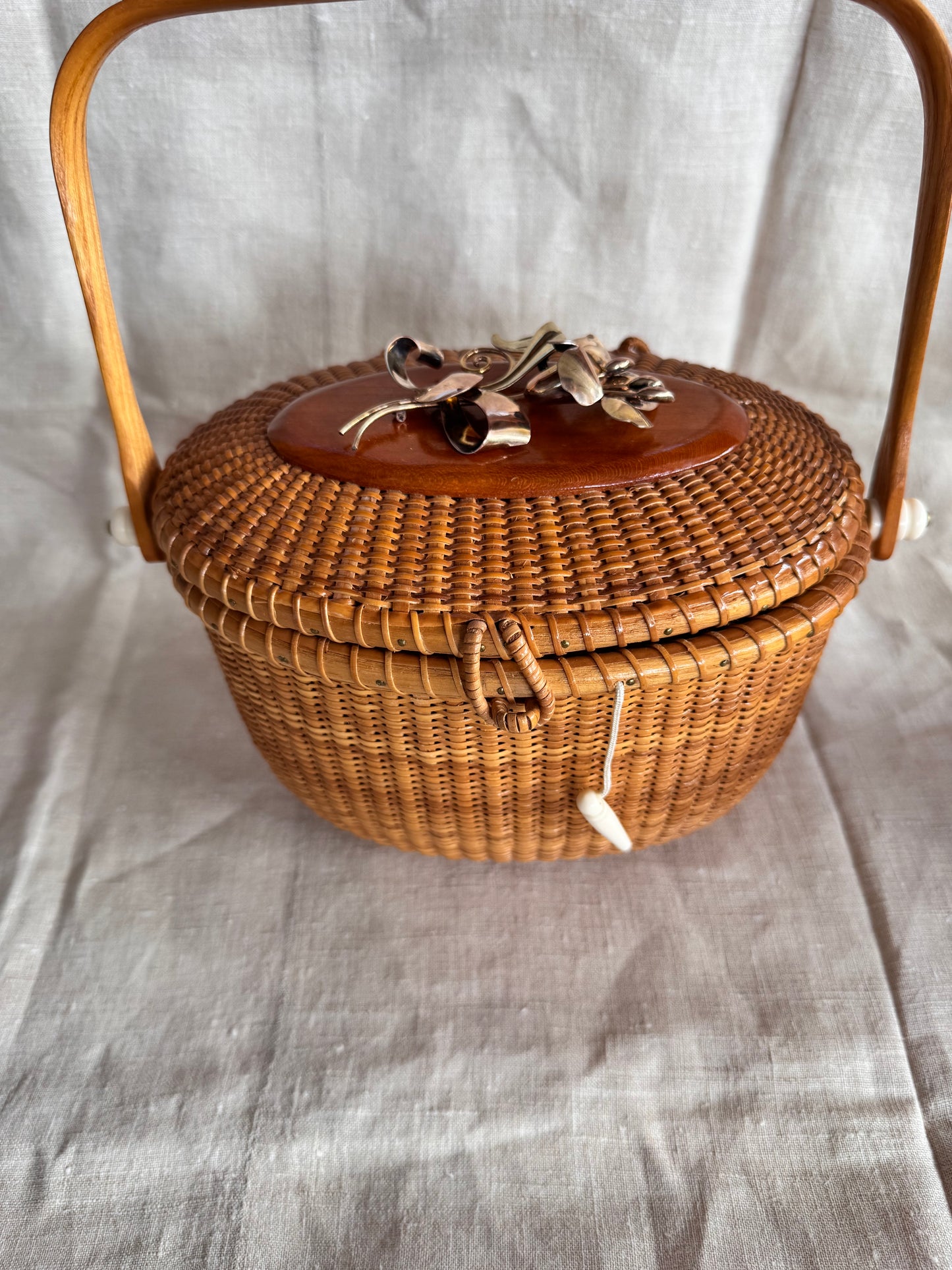 Large Oval Nantucket Basket with Vintage Carl Art Sterling and Gold Filled Lilly Pin