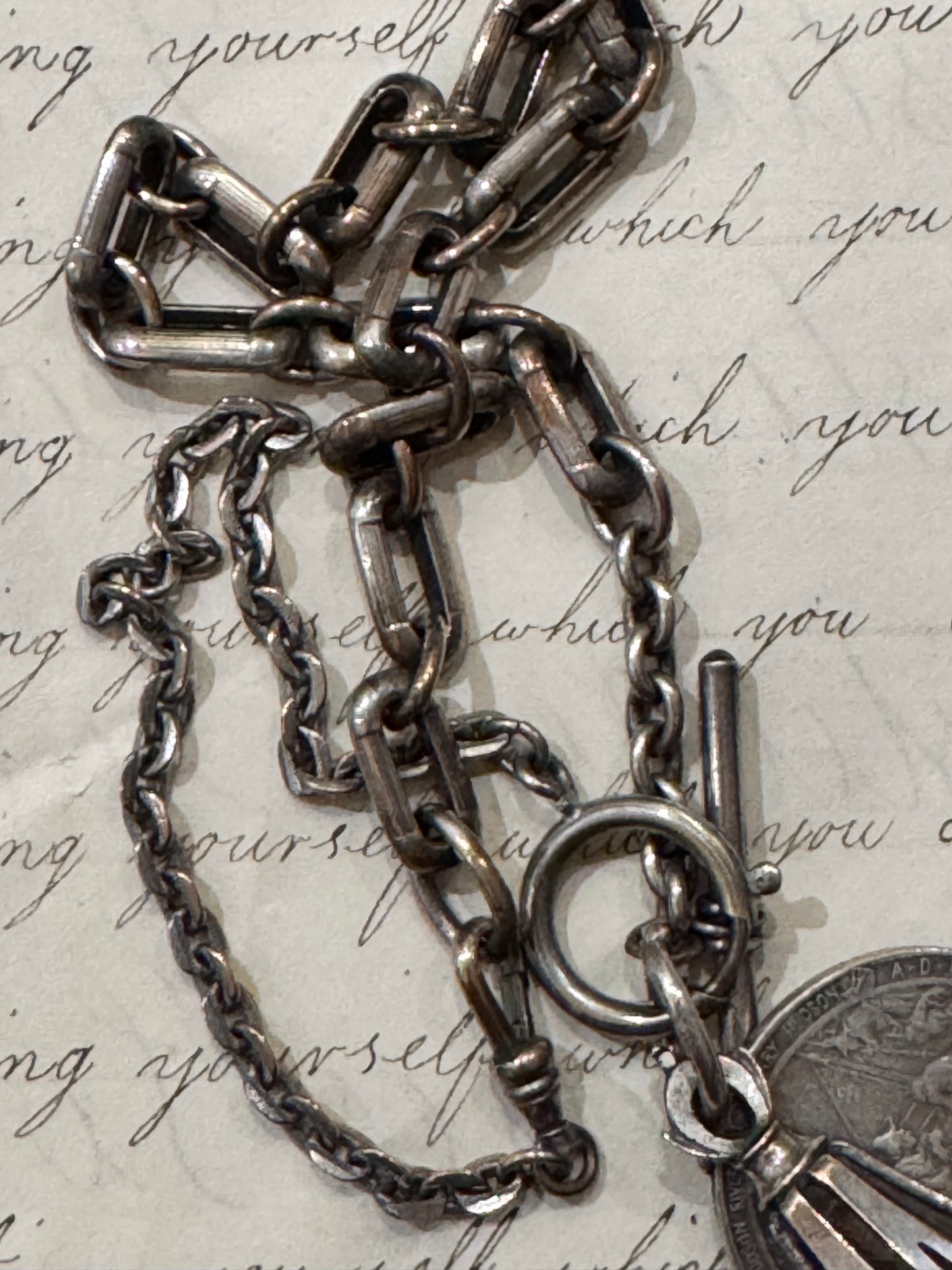 very old silver plated watch chain with fob and rare silver Henry Hudson medallion
