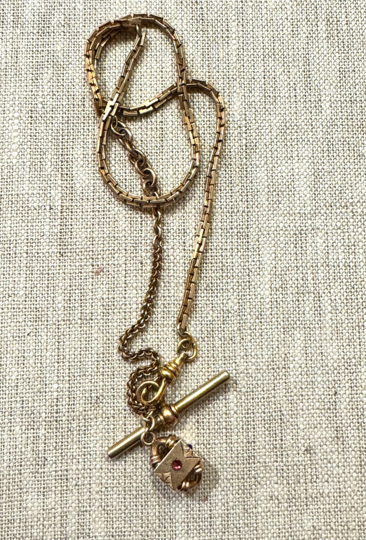 Antique Gold Filled Box Chain Watch Chain with Bauble