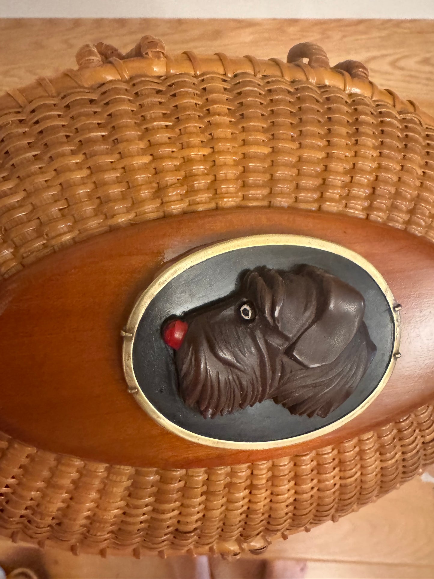 Large Oval Nantucket Basket with Carved Vintage Bakelite Dog in Brass Frame