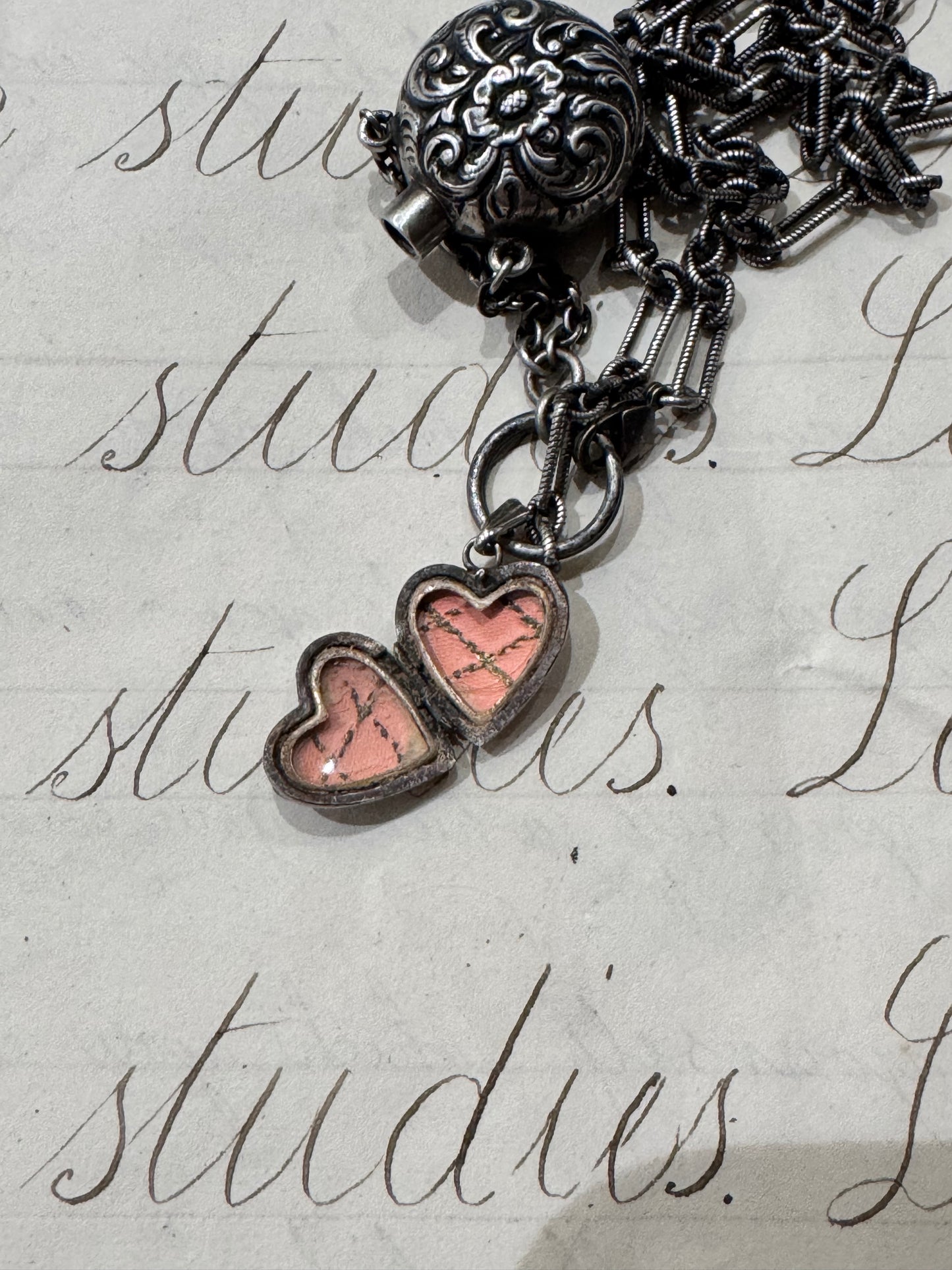 sweet Sterling silver chain with chased bottle and engraved miniature heart locket