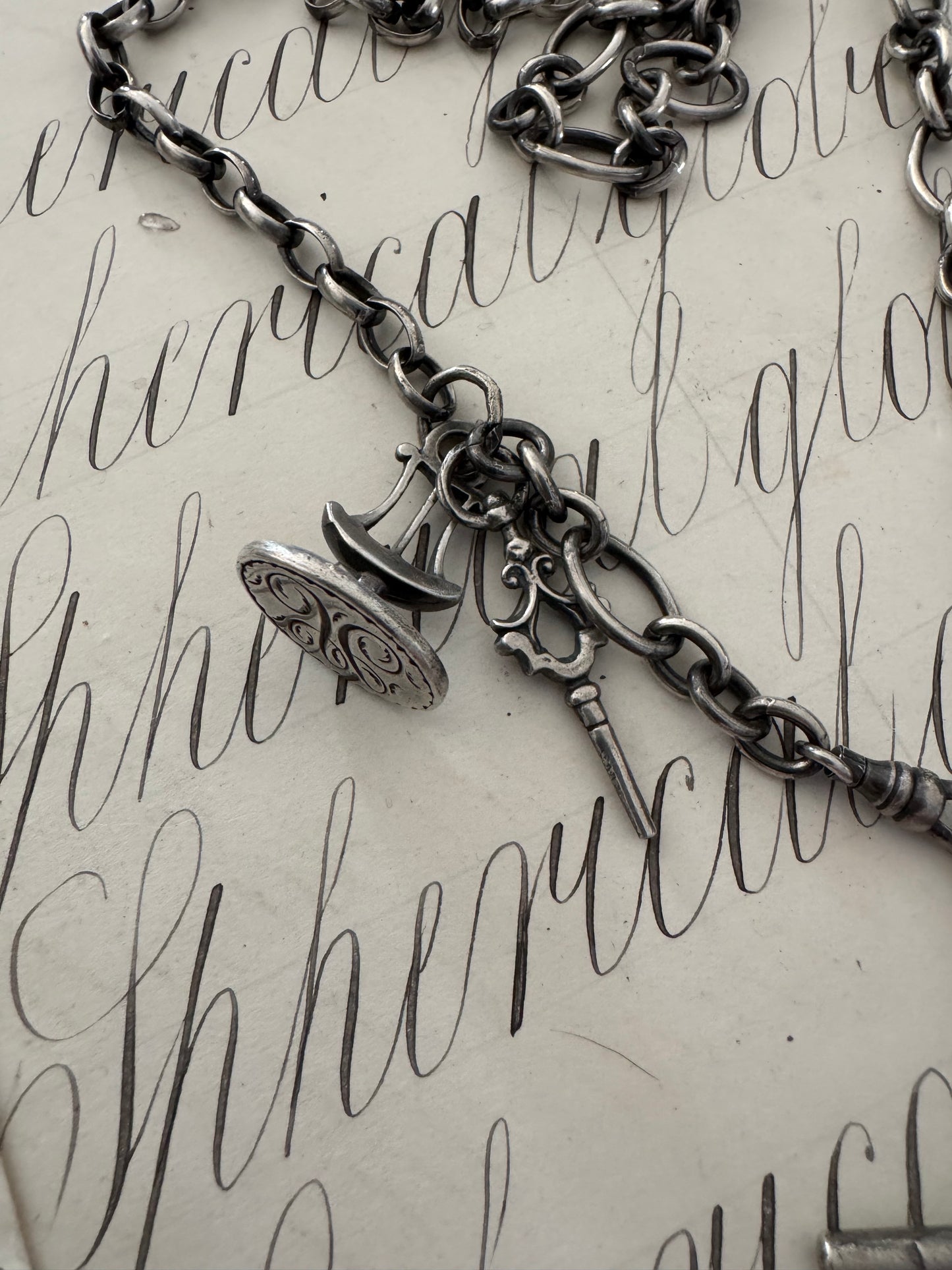 Sterling Silver Watch Chain with Nun’s Cross and Seal