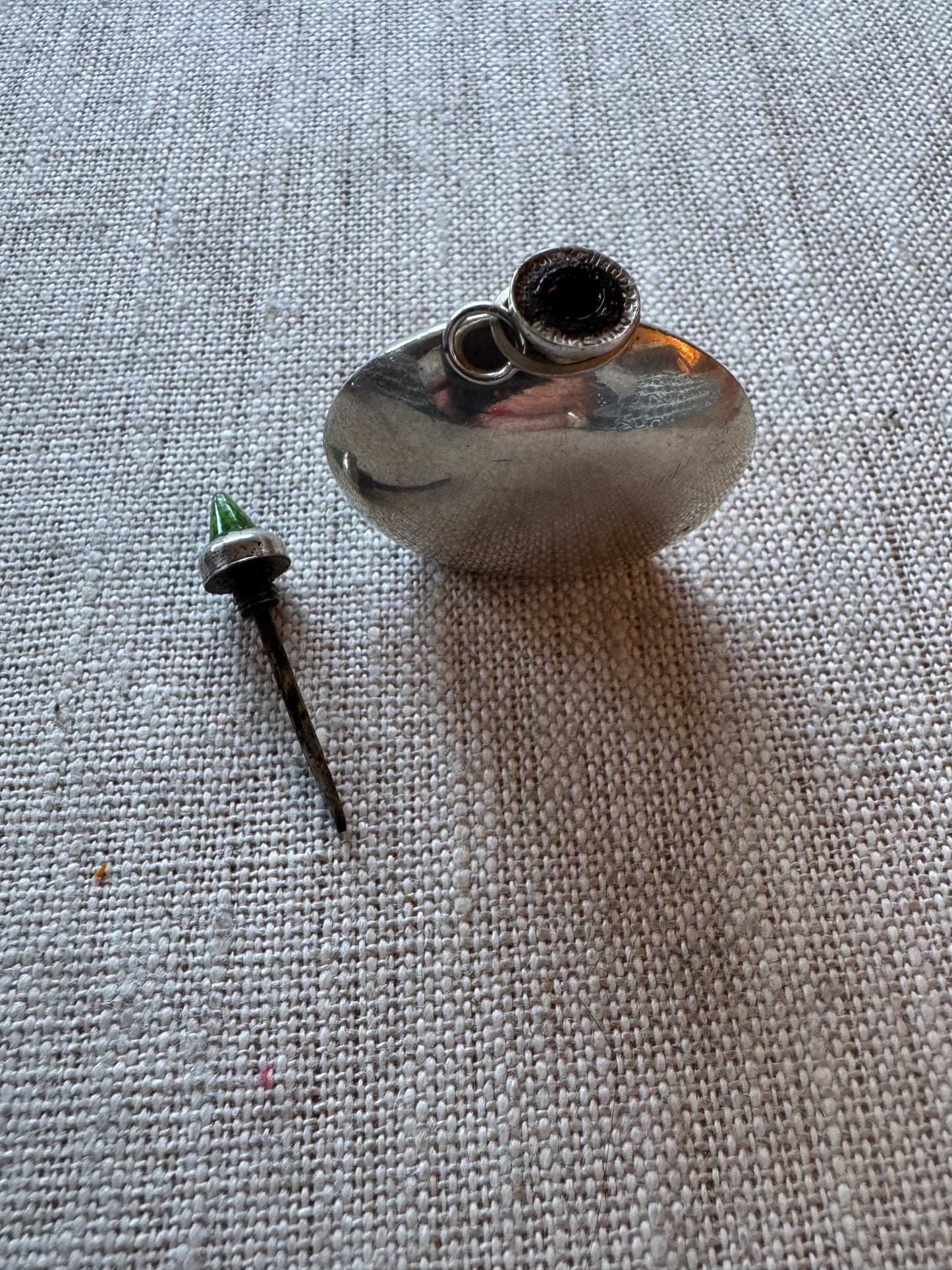 Beautiful Simple Sterling Perfume Bottle with Green Bullet Shaped CabochonStone in Lid