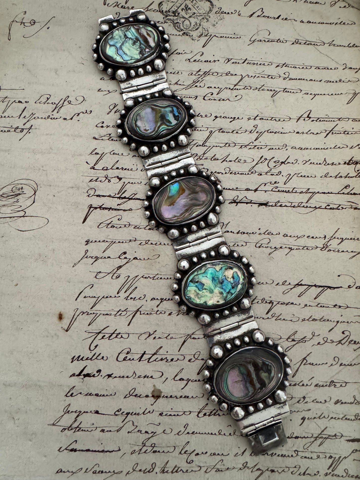 Huge Vintage Sterling Mexican Bracelet with Abalone