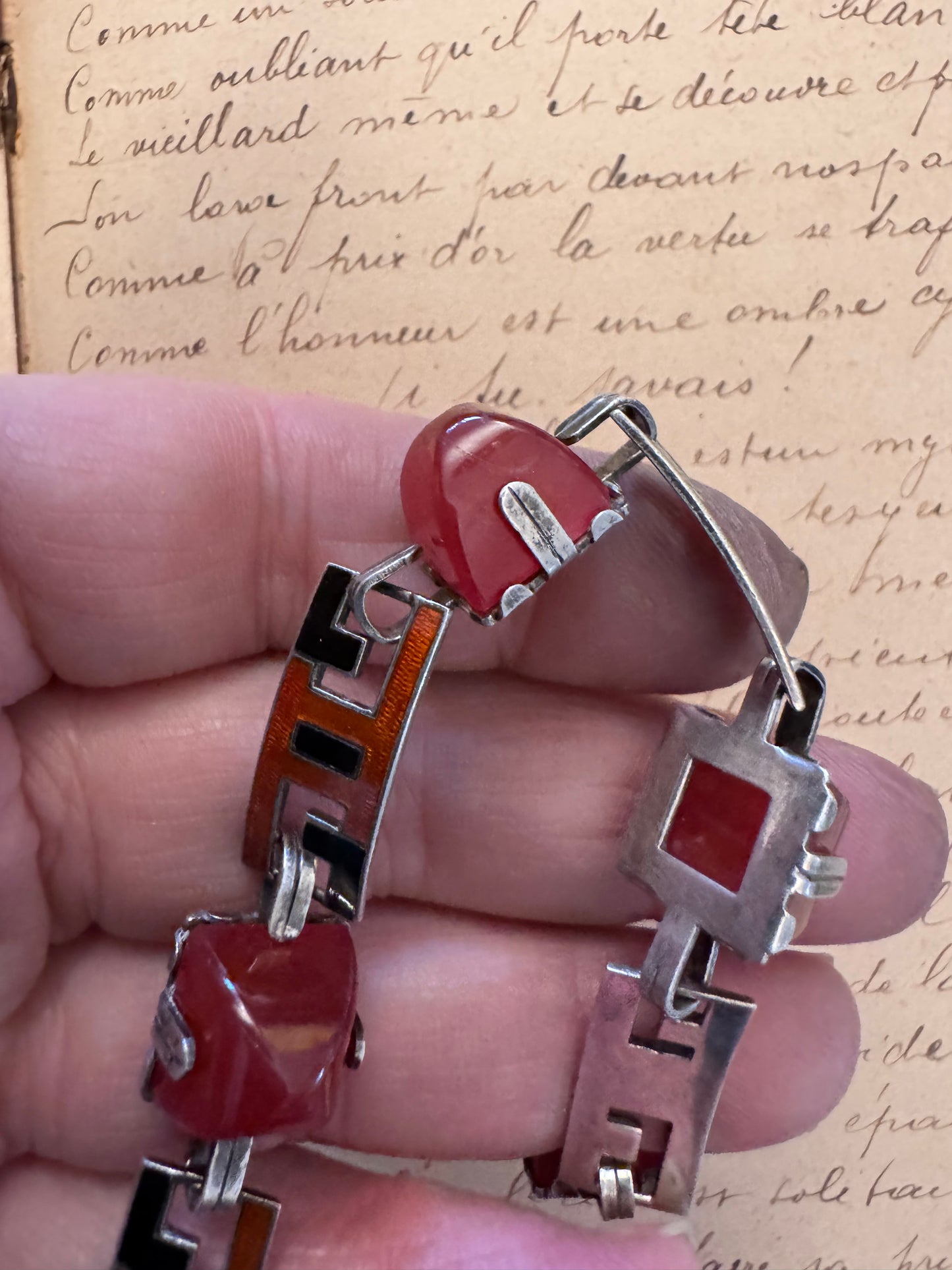 Sterling Deco Opaque Sugarloaf Red Glass and Enamel Bracelet