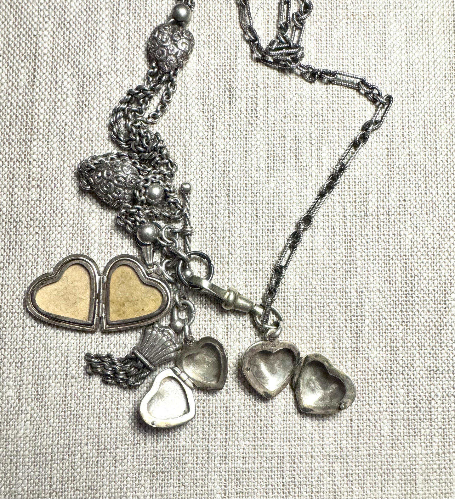 Beautiful Victorian Sterling Heart Watch Chain with 3 Heart Lockets and Charming Tassel