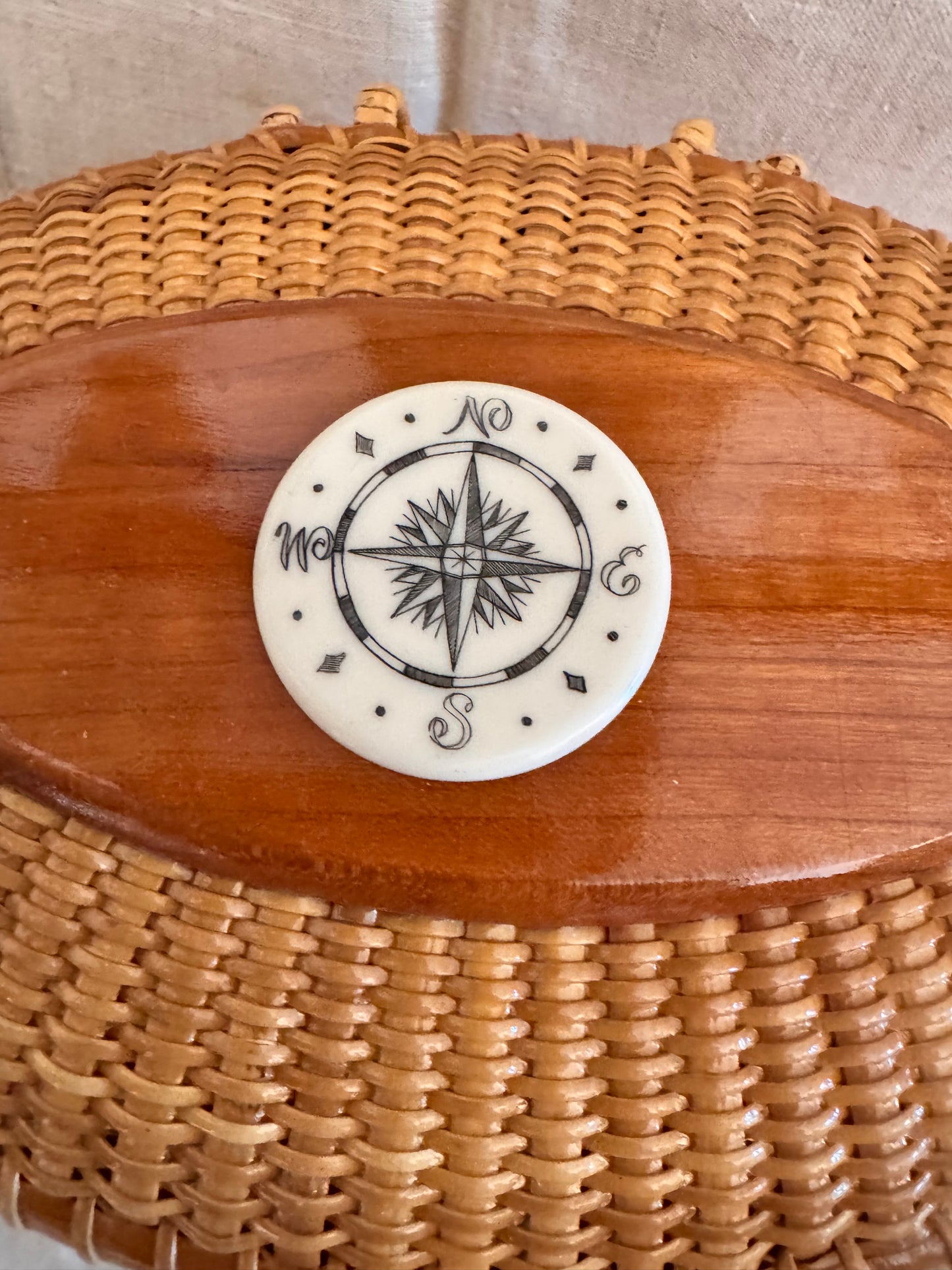 Large Oval Basket with Scrimshaw Compass Rose