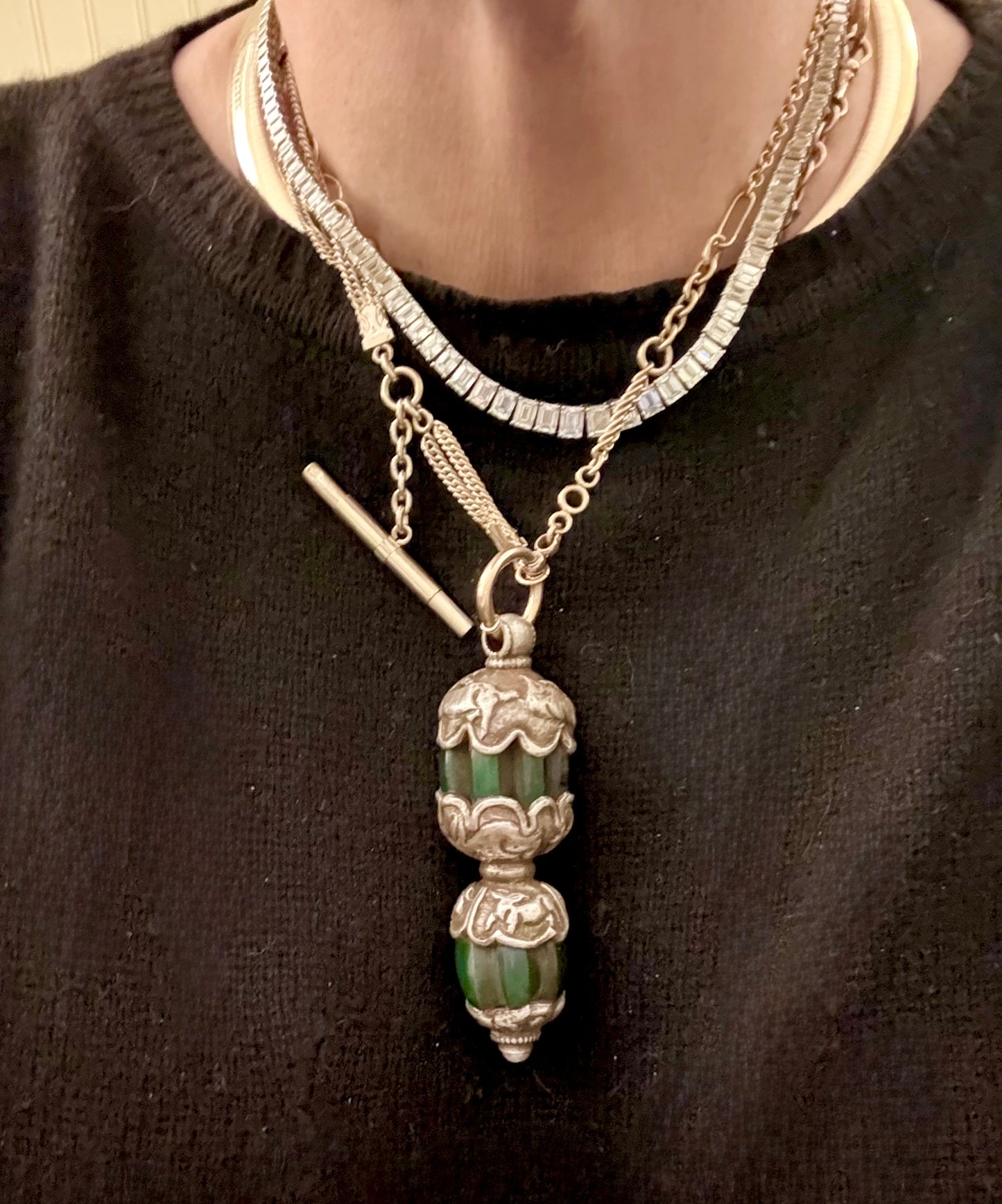 Vintage Tibetan Silver Pendant with Green Stone