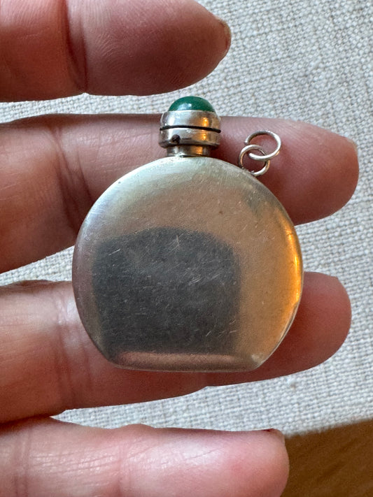 Beautiful Simple Sterling Perfume Bottle with Green Round Shaped Cabochon Stone in Lid