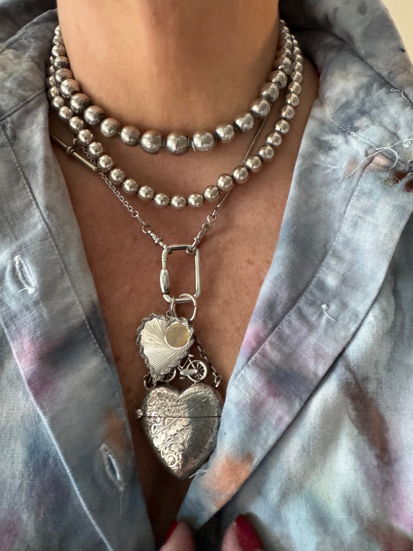 Heavy adjustable length silver bead necklace