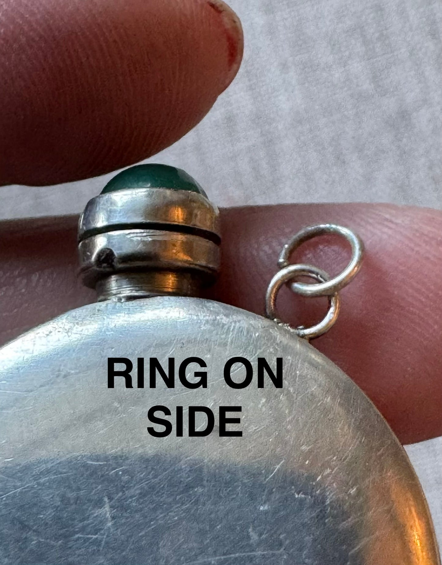 Beautiful Simple Sterling Perfume Bottle with Green Bullet Shaped CabochonStone in Lid