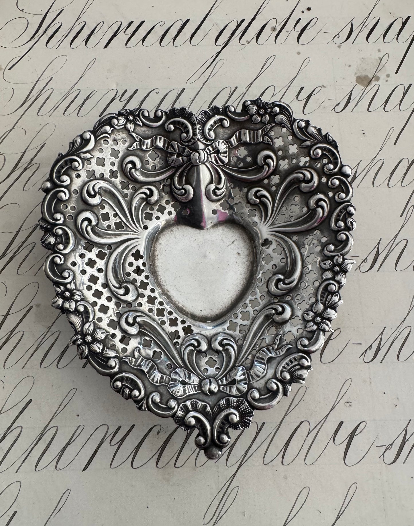 Exquisite antique Gorham Sterling Heart trinket dish