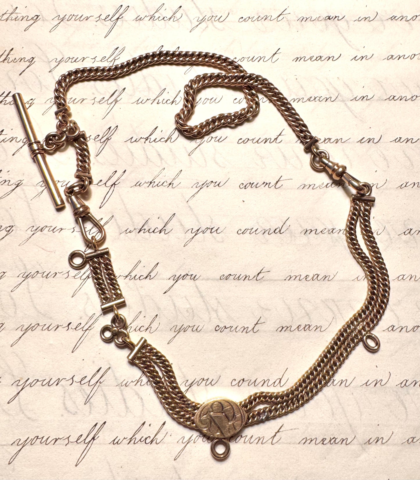 Antique Double Link Curb Watch Chain with Engraved Centerpiece