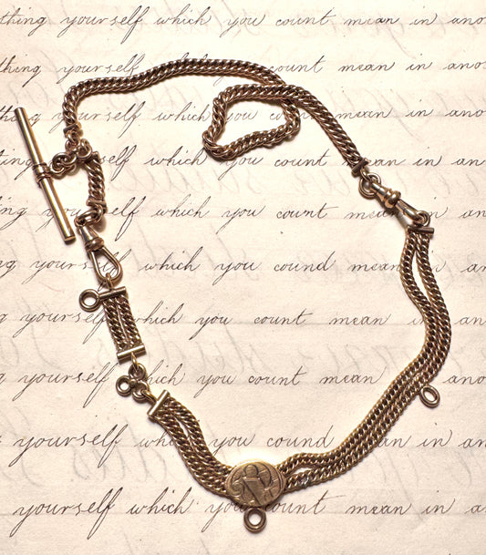 Antique Double Link Curb Watch Chain with Engraved Centerpiece