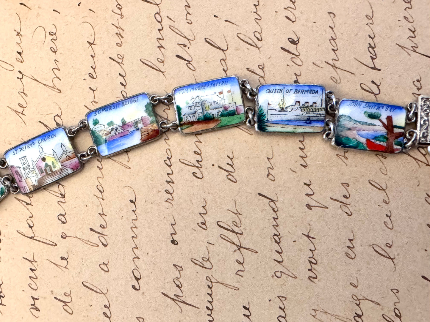Vintage Silver and Hand Painted Enamel Bermuda Scenes Bracelet