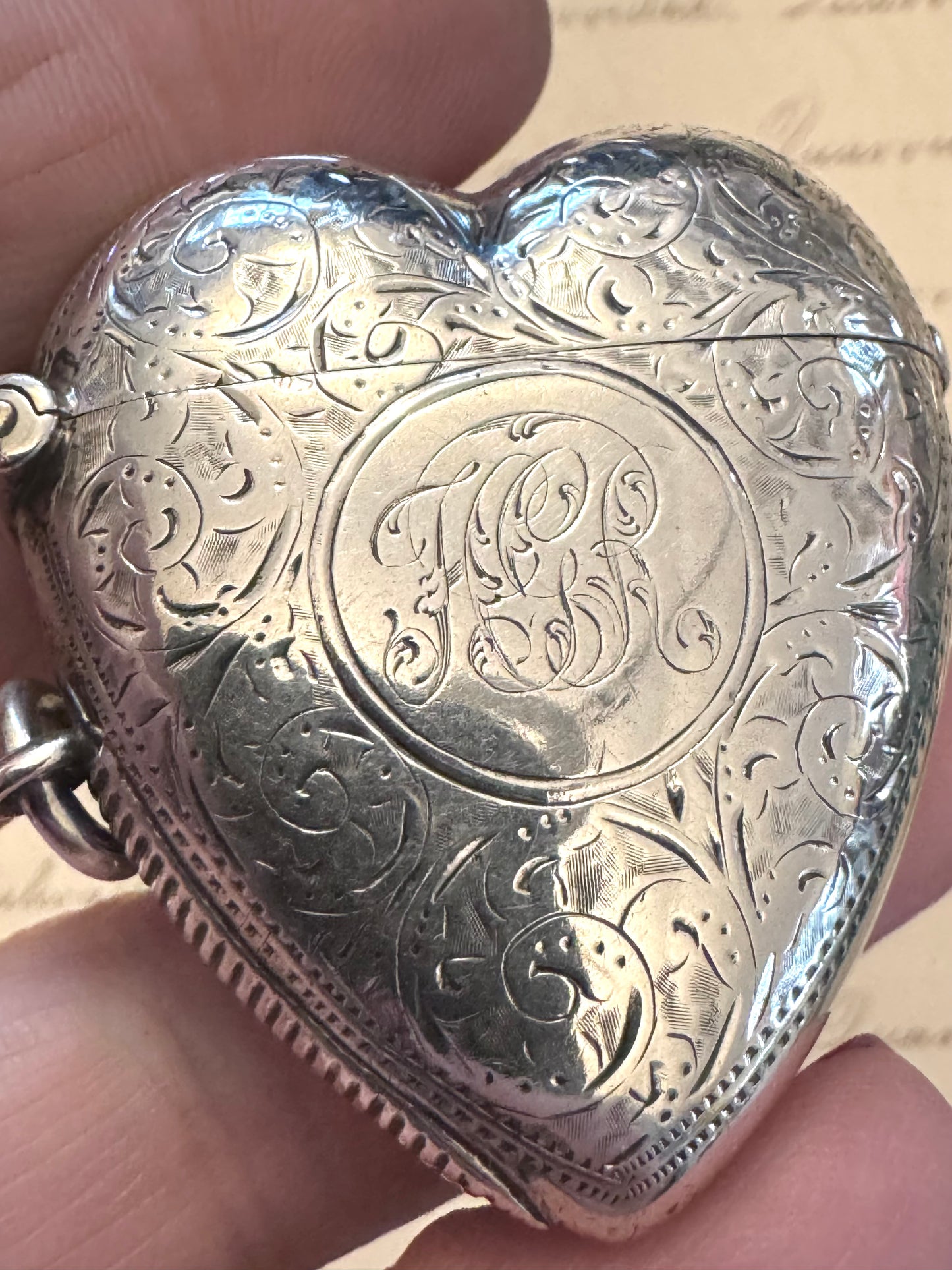 Enormous Engraved Victorian Sterling Heart Shaped Match Safe with FGR Monogram