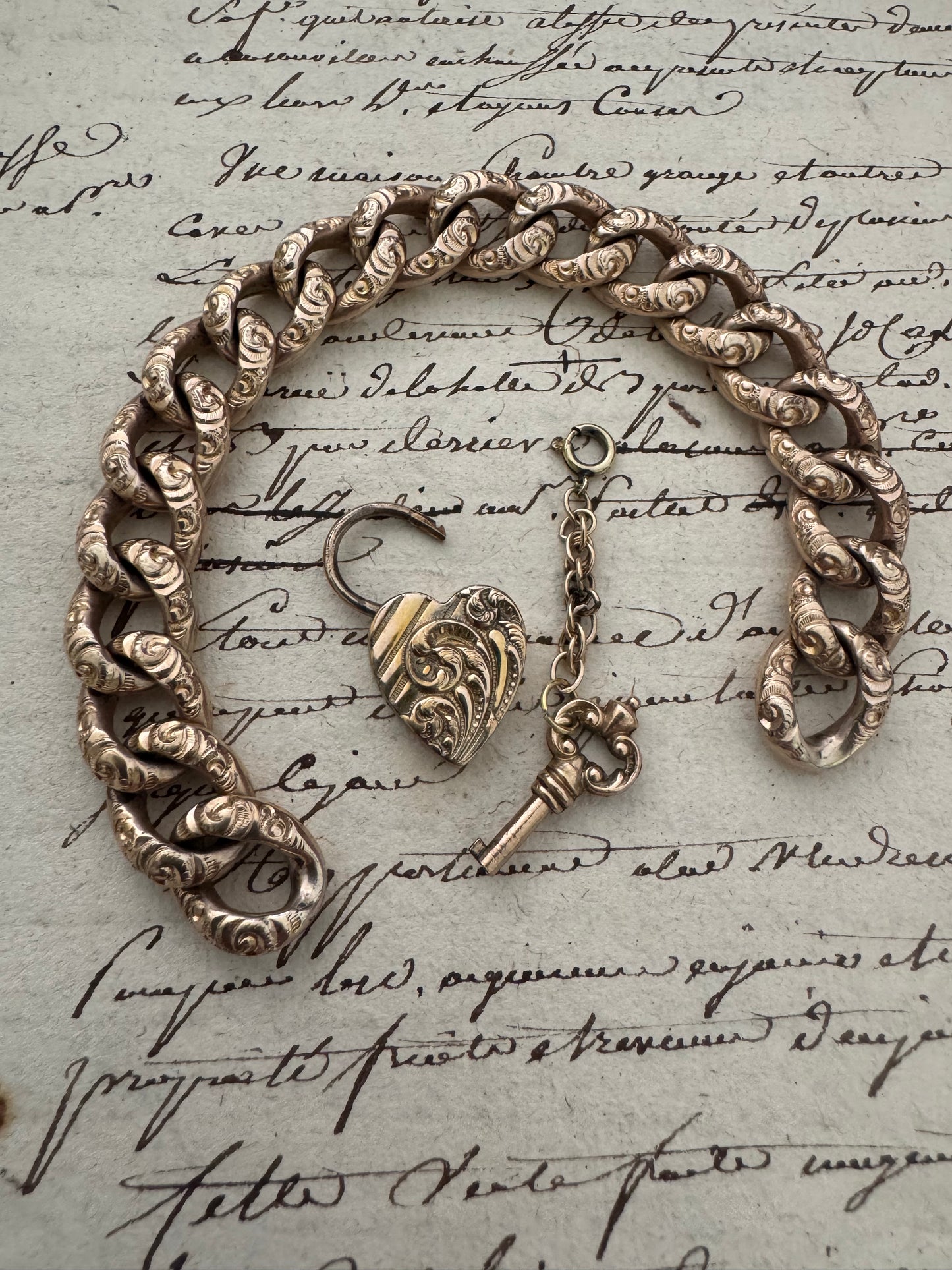 Huge Victorian Gold Filled Embossed Curb Chain with Heart Padlock