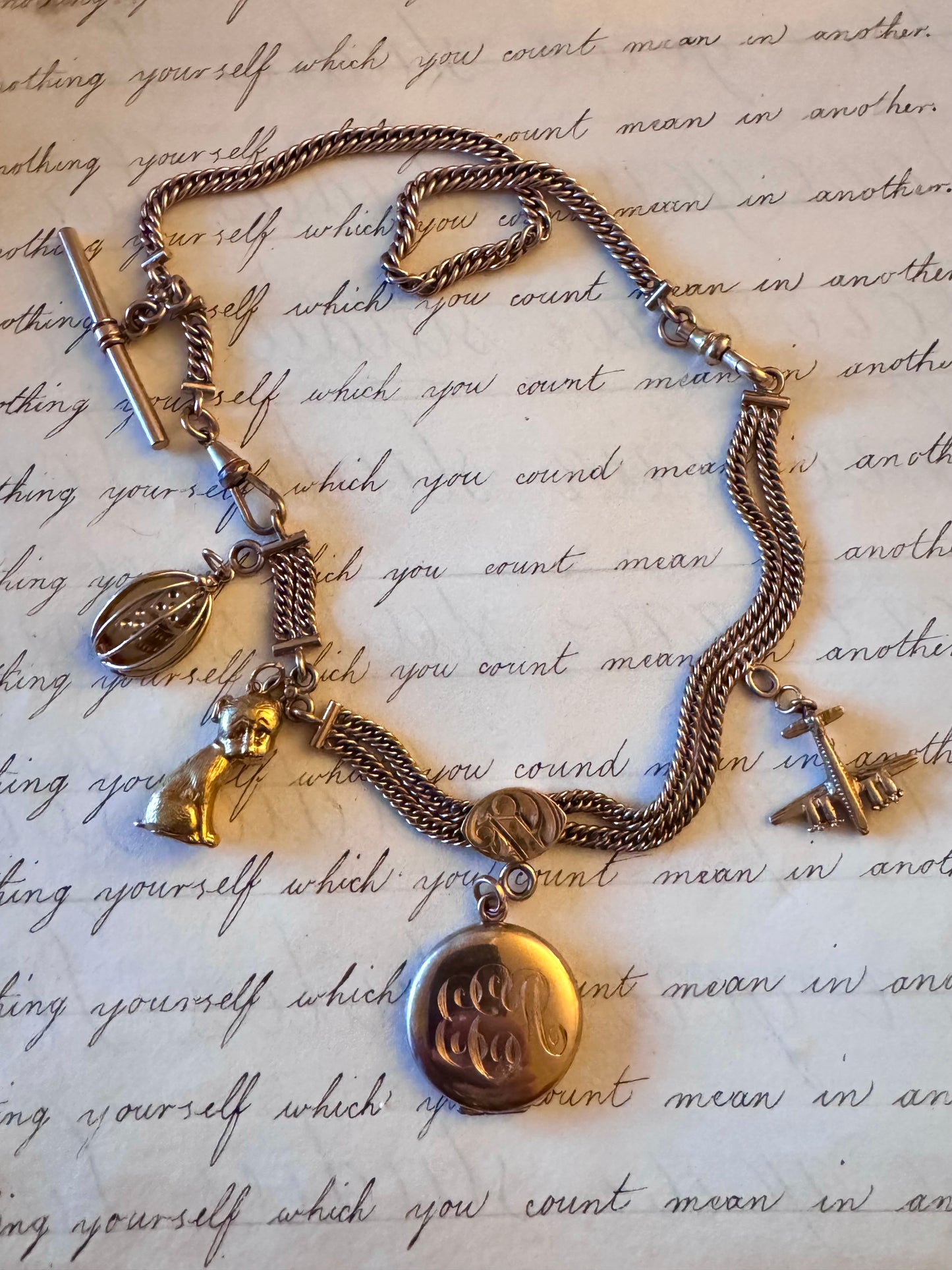 Antique Double Link Curb Watch Chain with Engraved Centerpiece