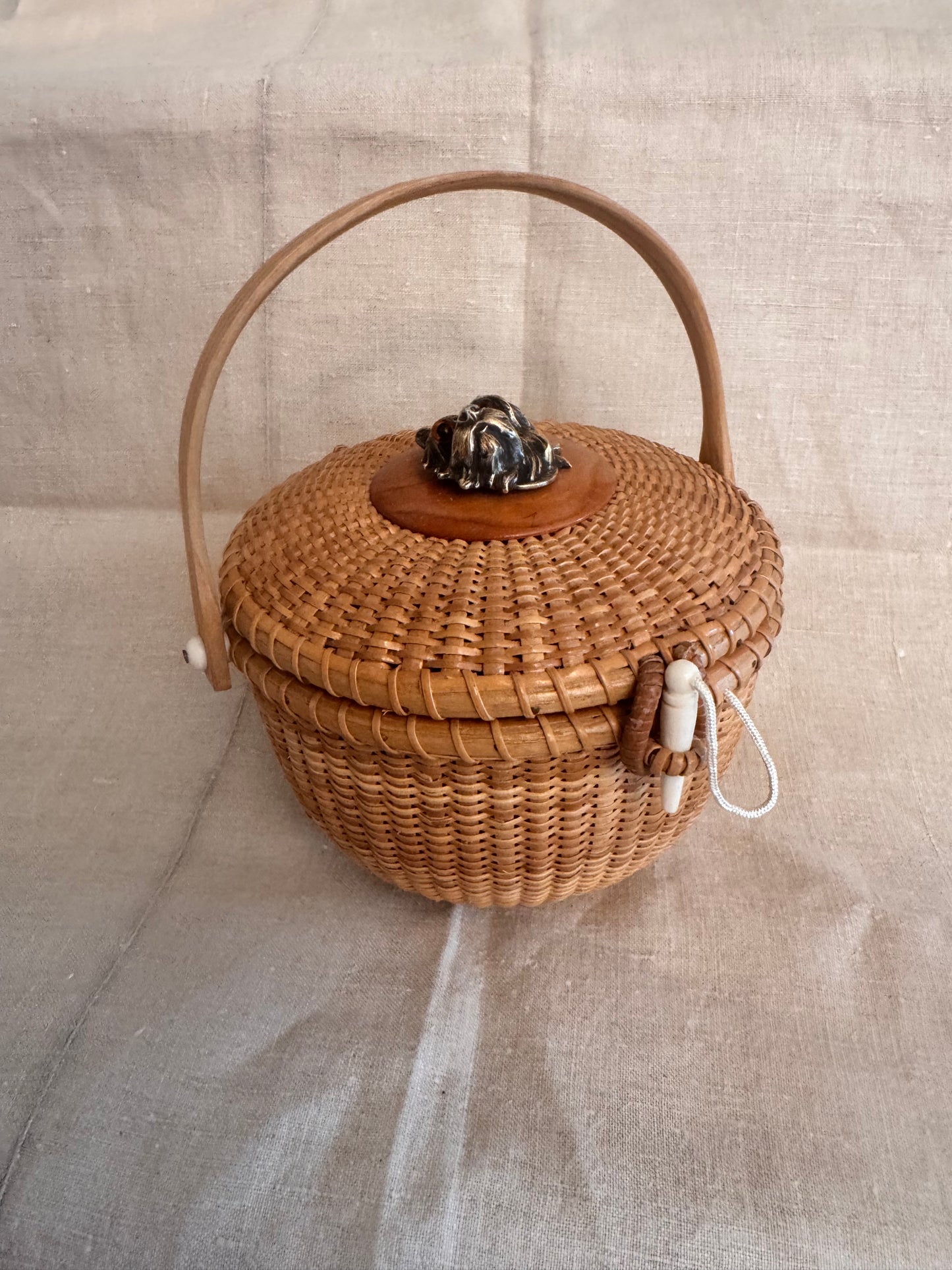 Medium Round Basket with Rare Victorian Plated Brass Terrier with Glass Eyes