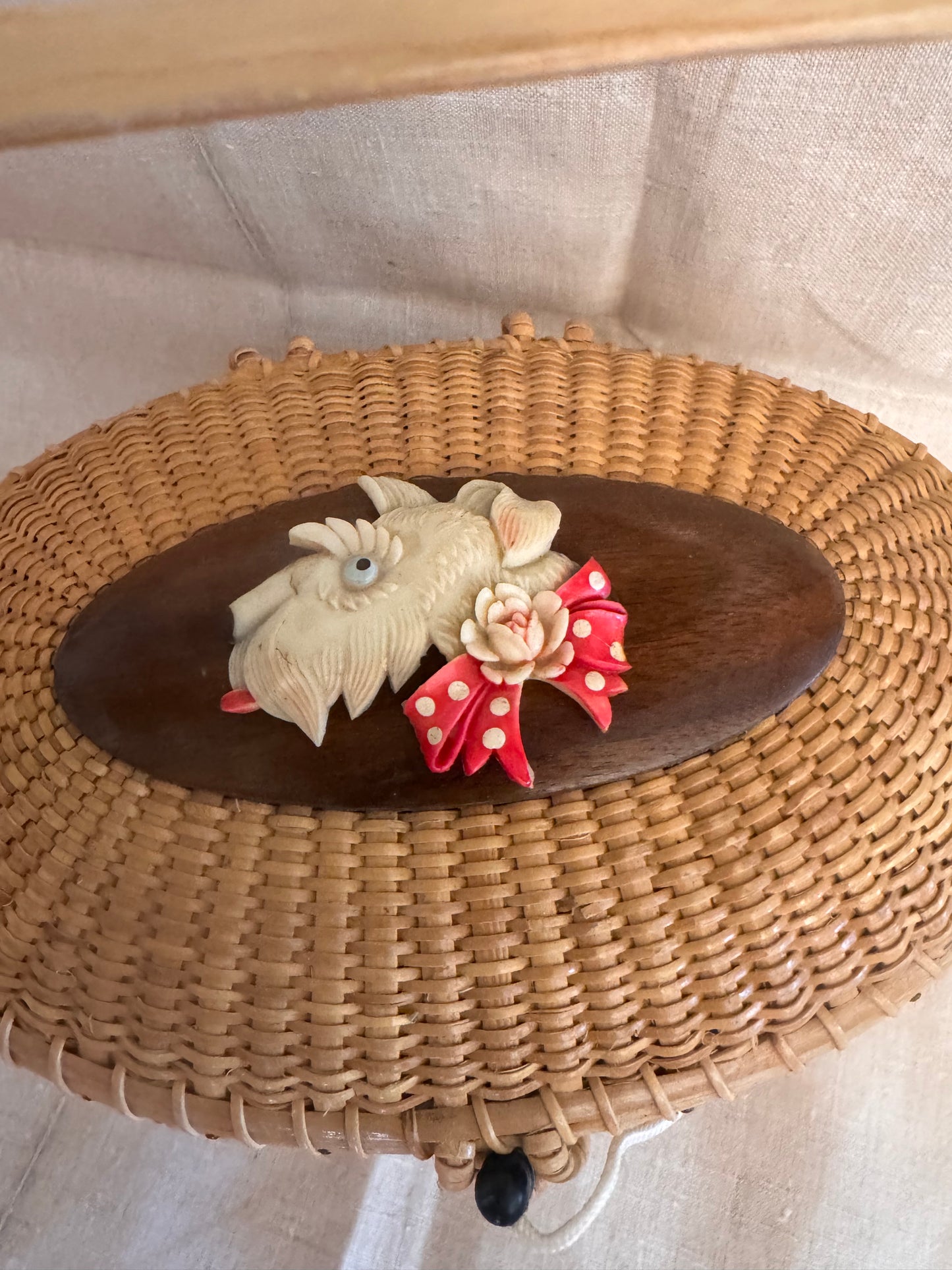 Large Oval Nantucket Basket with Utterly Charming Celluloid Scottie with Polka Dot Bow