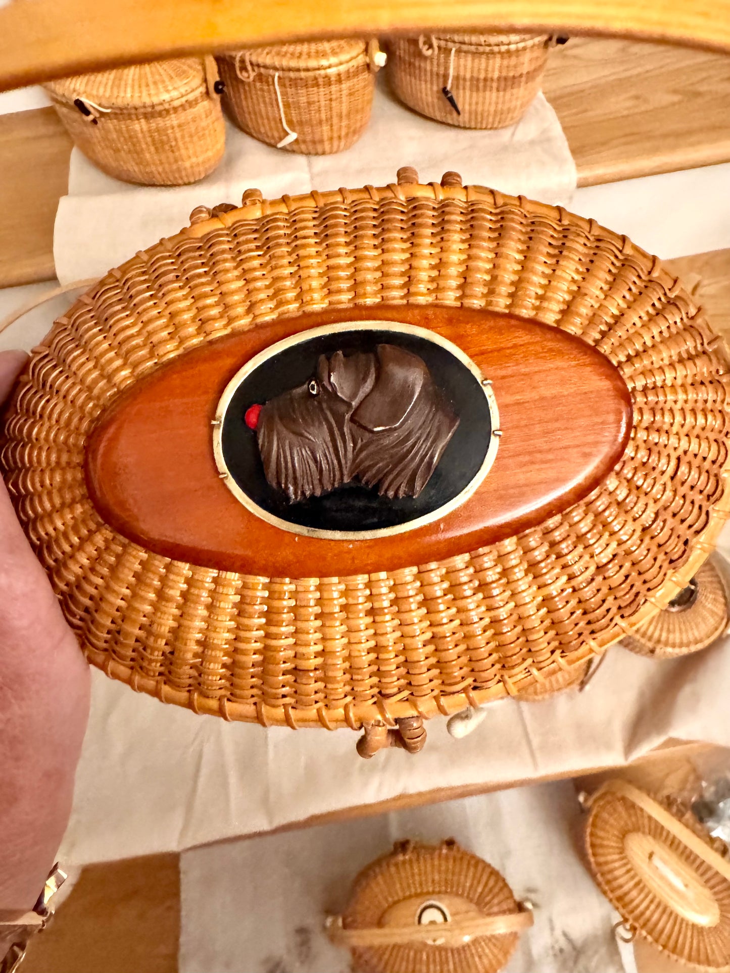 Large Oval Nantucket Basket with Carved Vintage Bakelite Dog in Brass Frame