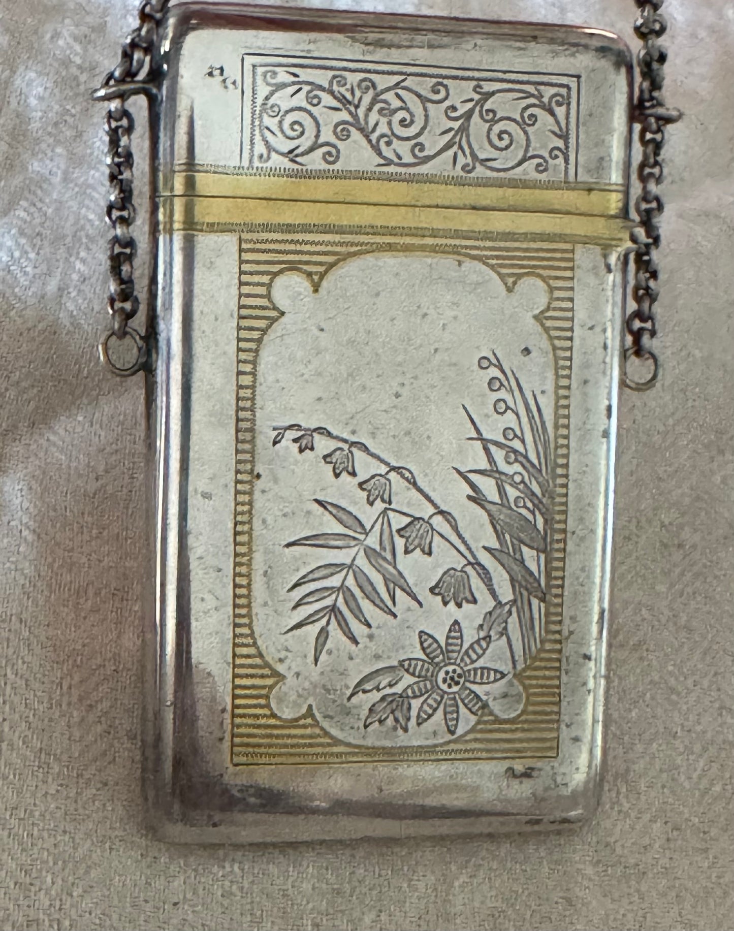 Exquisite Antique Engraved Silver with Gold Business Card Box