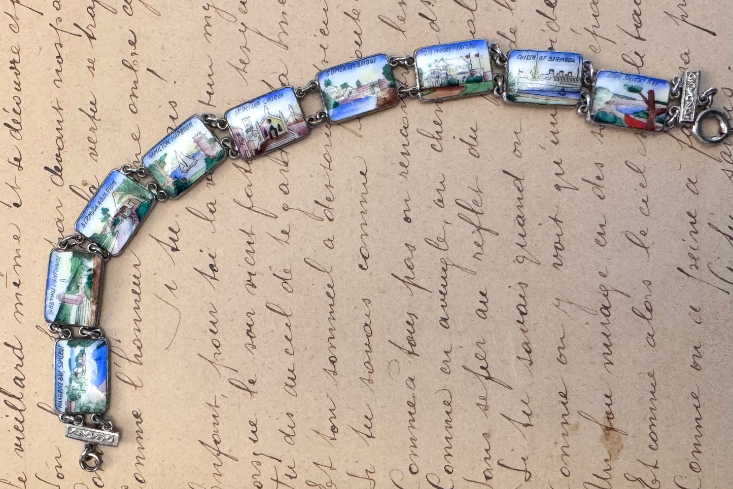 Vintage Silver and Hand Painted Enamel Bermuda Scenes Bracelet