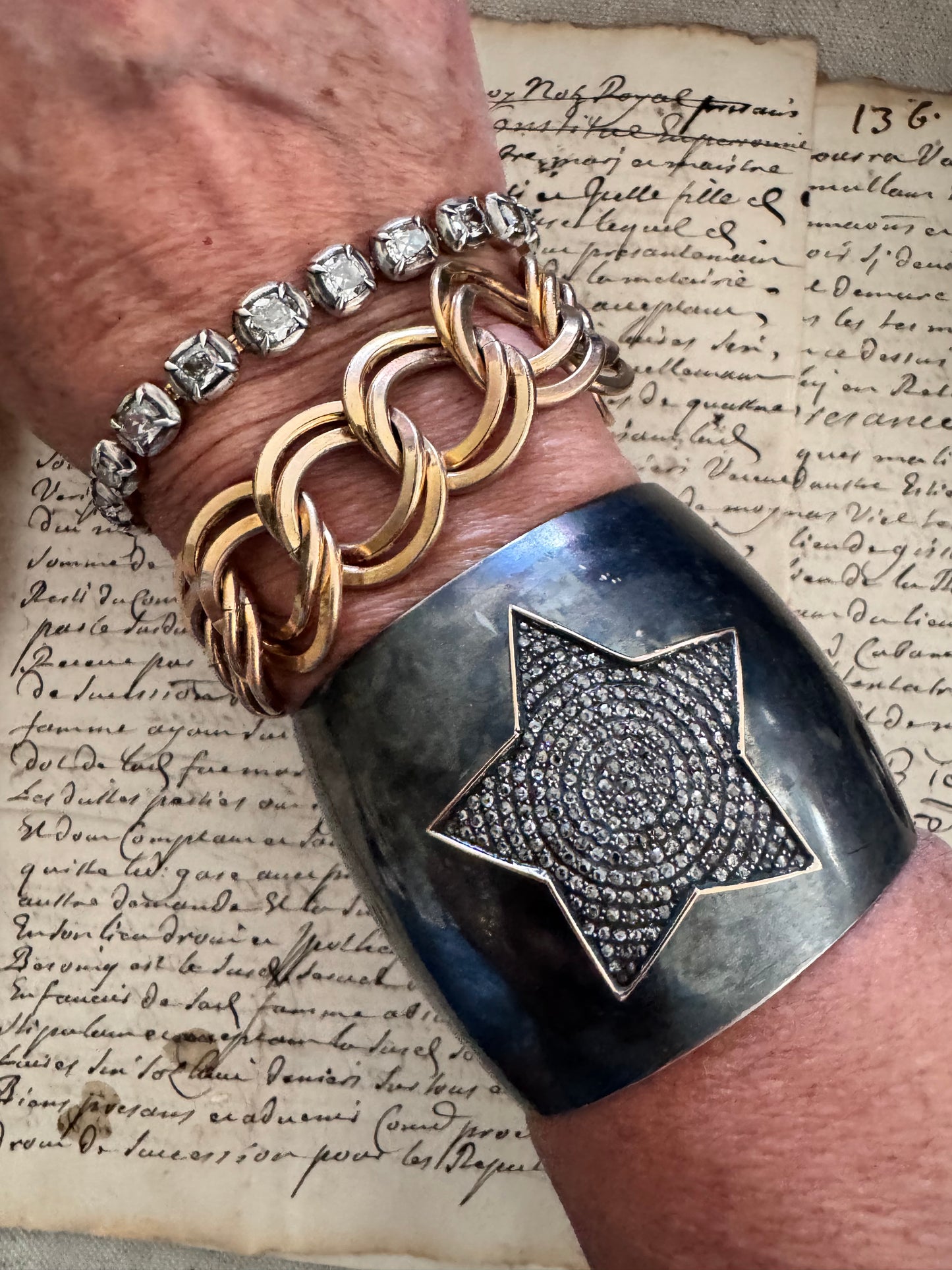 JKC Pave Diamond Star with Gold Bezel on Oxidized Sterling Cuff