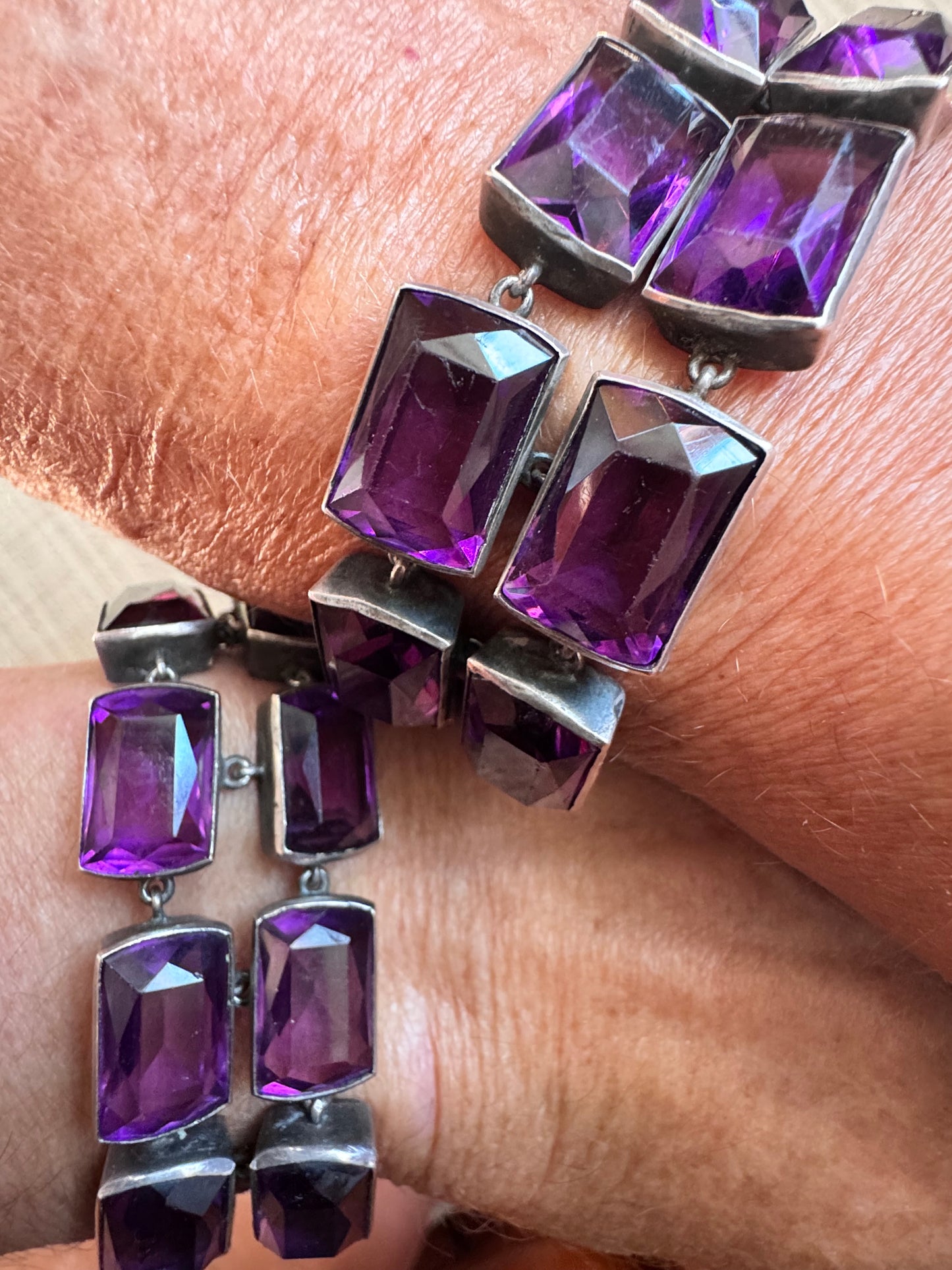 Two Deco Amethyst Glass and Sterling Bracelets