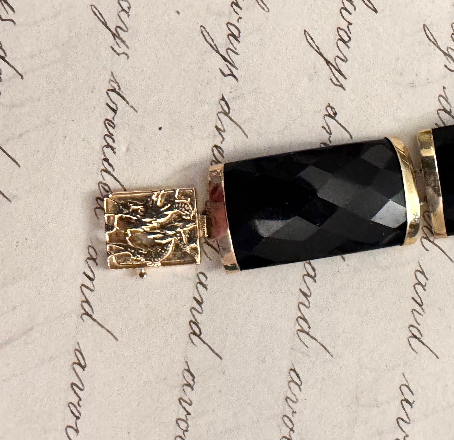 Elegant Wide Onyx and 14k Gold Faceted Bracelet