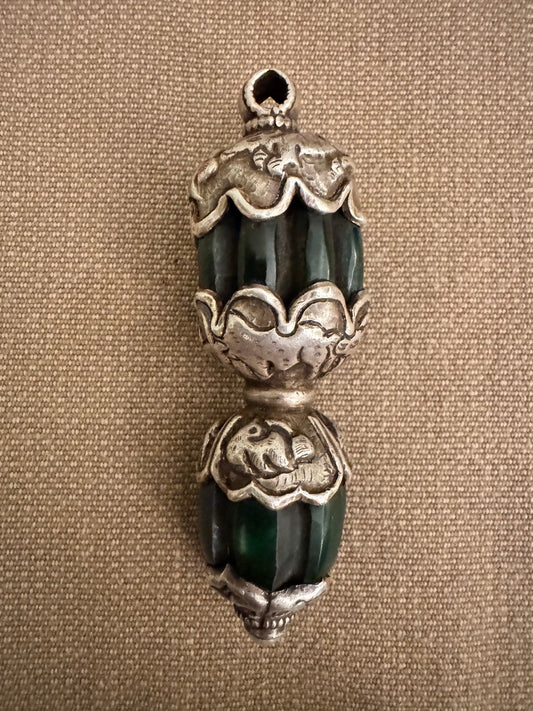 Vintage Tibetan Silver Pendant with Green Stone
