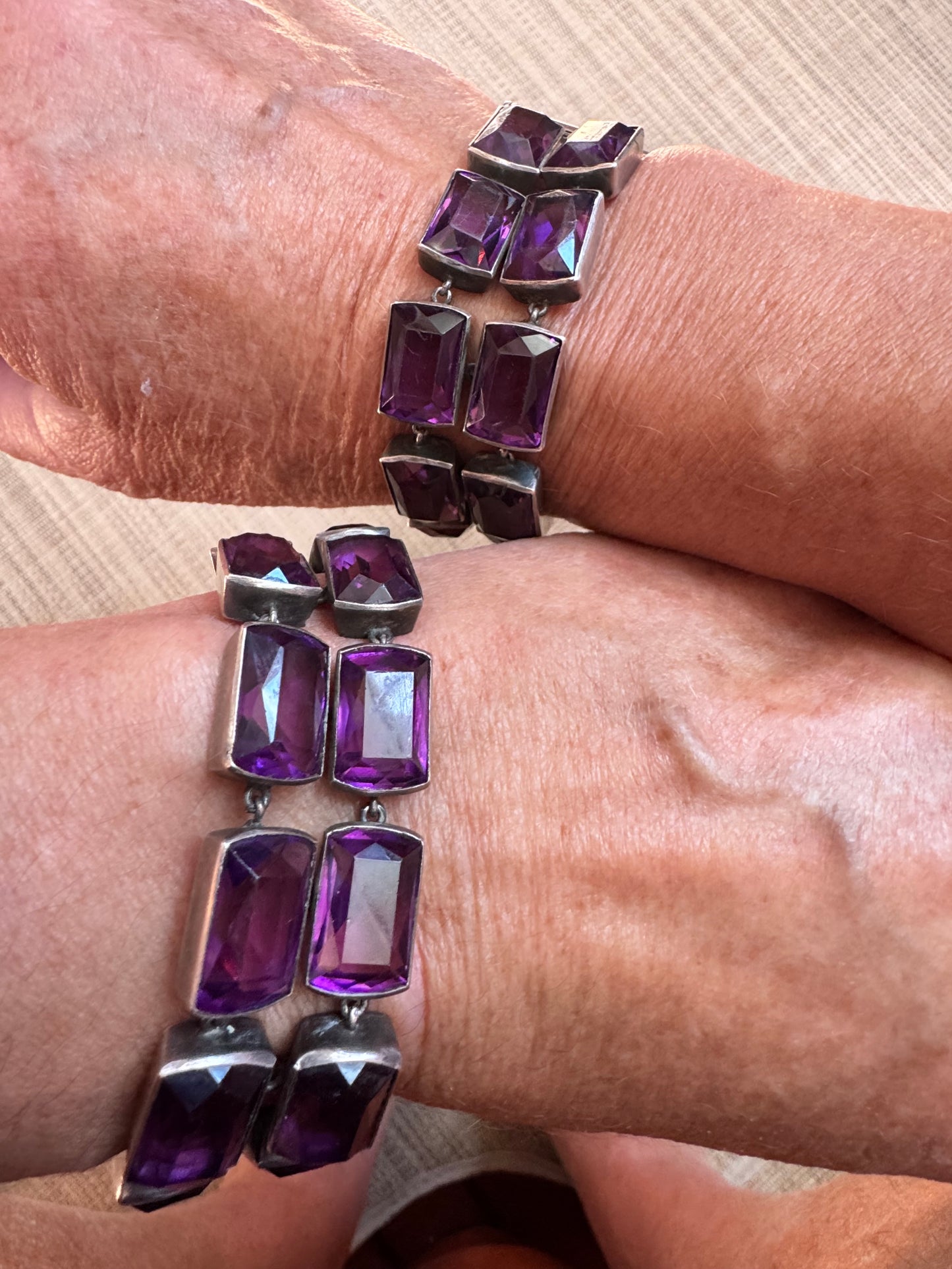 Two Deco Amethyst Glass and Sterling Bracelets
