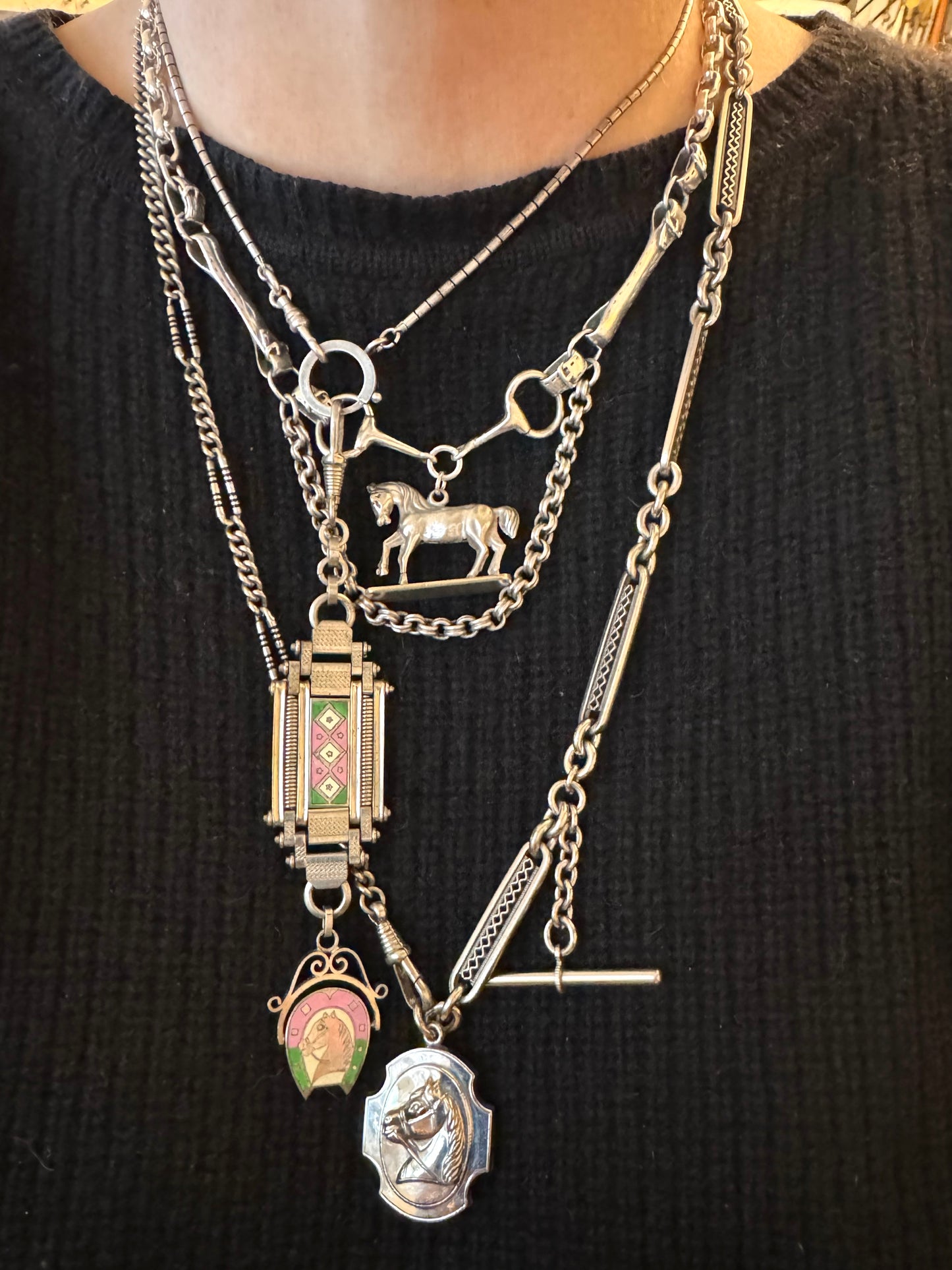 Long Chrome Watch Chain with Double Sided Horse Fob