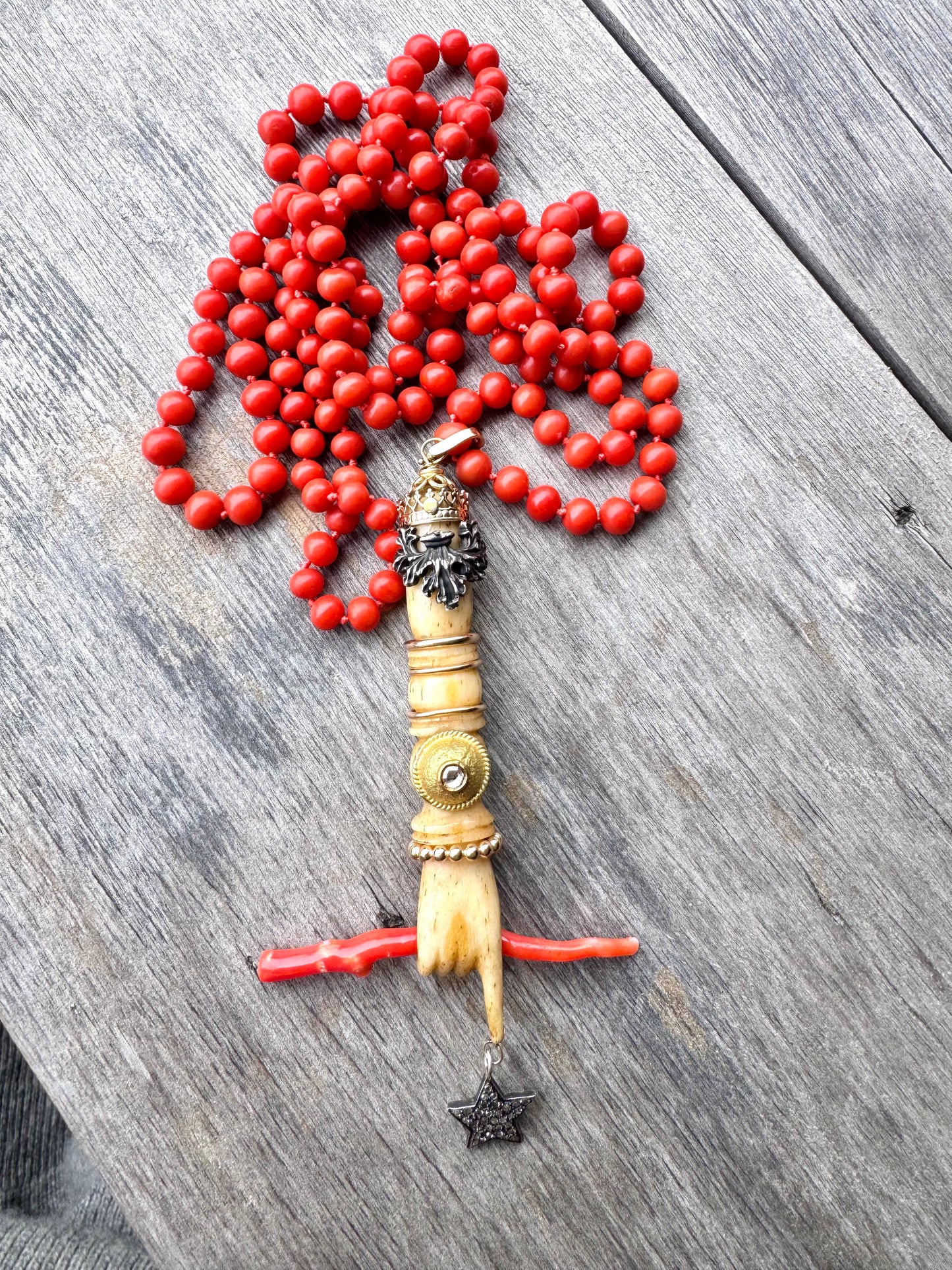 Antique Bone Hand with Diamond Star and Embellishments