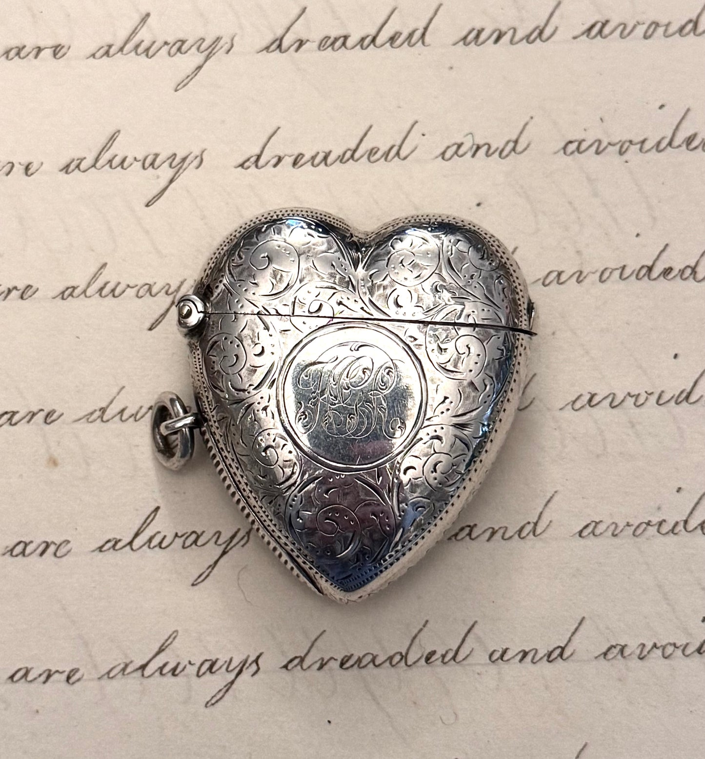 Enormous Engraved Victorian Sterling Heart Shaped Match Safe with FGR Monogram